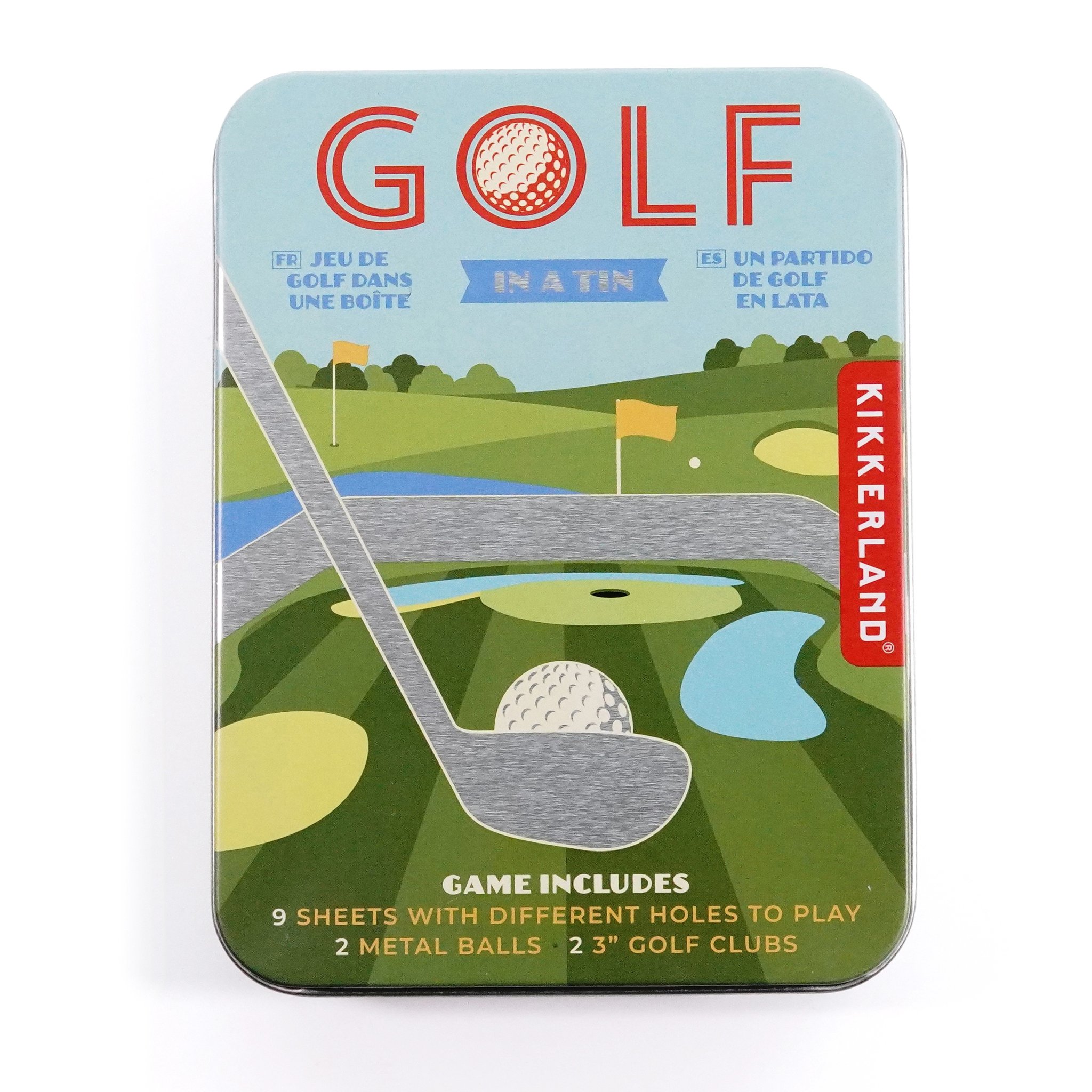 Golf in a Tin GG215 von Kikkerland — Reise-Golfspiel mit Schlägern, Bällen und Spielfeldern in Metalldose