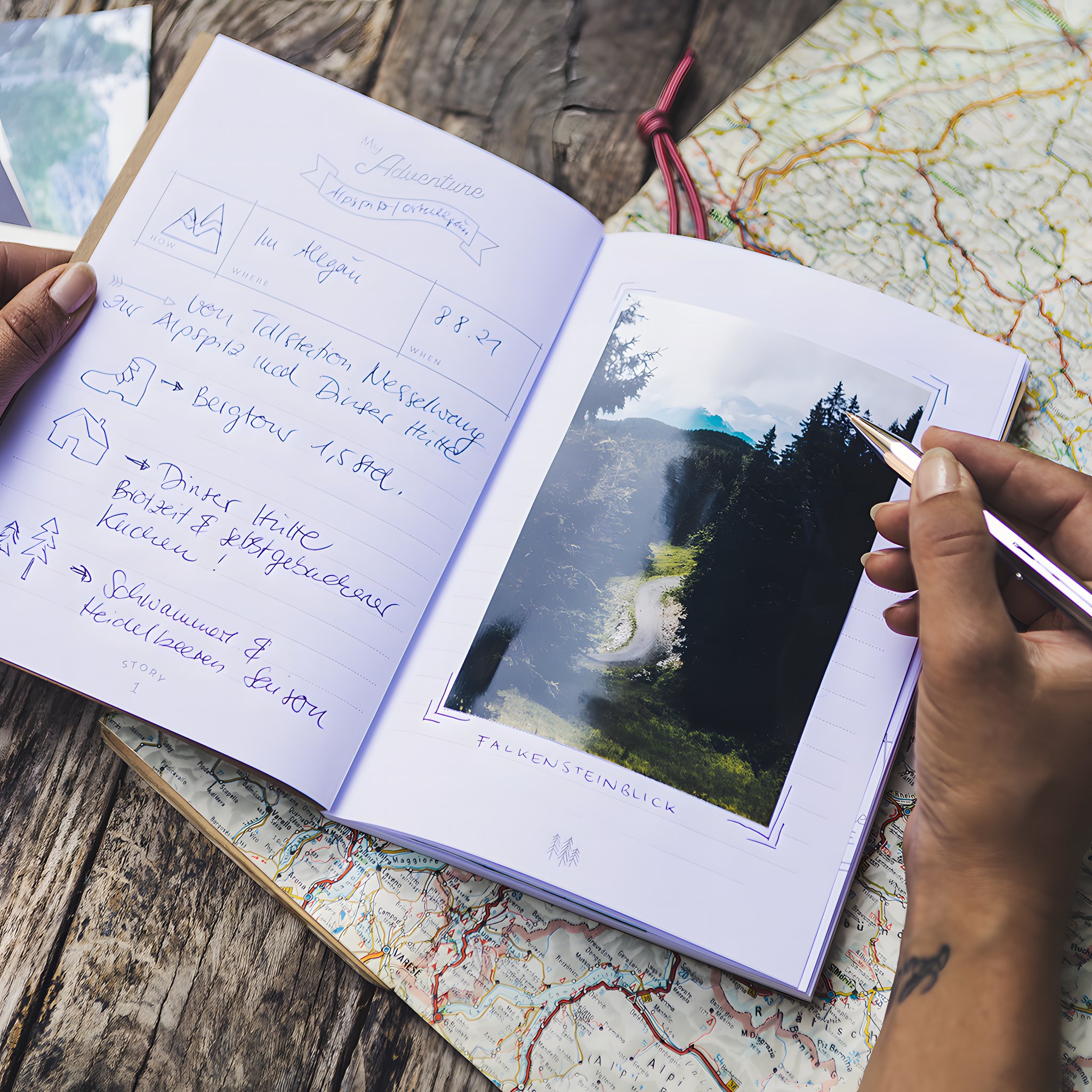 Aufgeschlagenes Reisetagebuch mit eingeklebtem Foto und handschriftlichen Notizen
