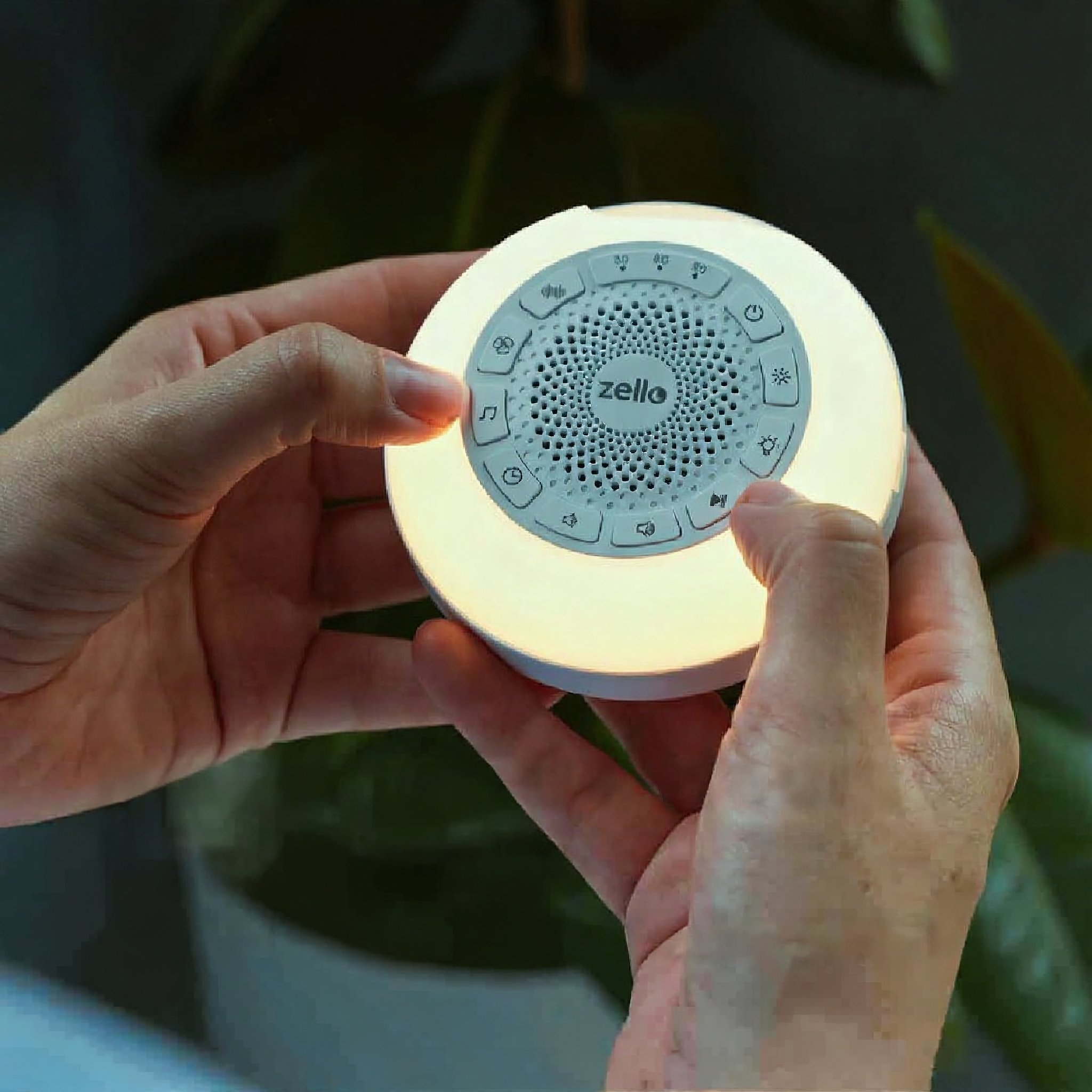 White Noise Maschine leuchtend in zwei Haenden, kompakte Groesse