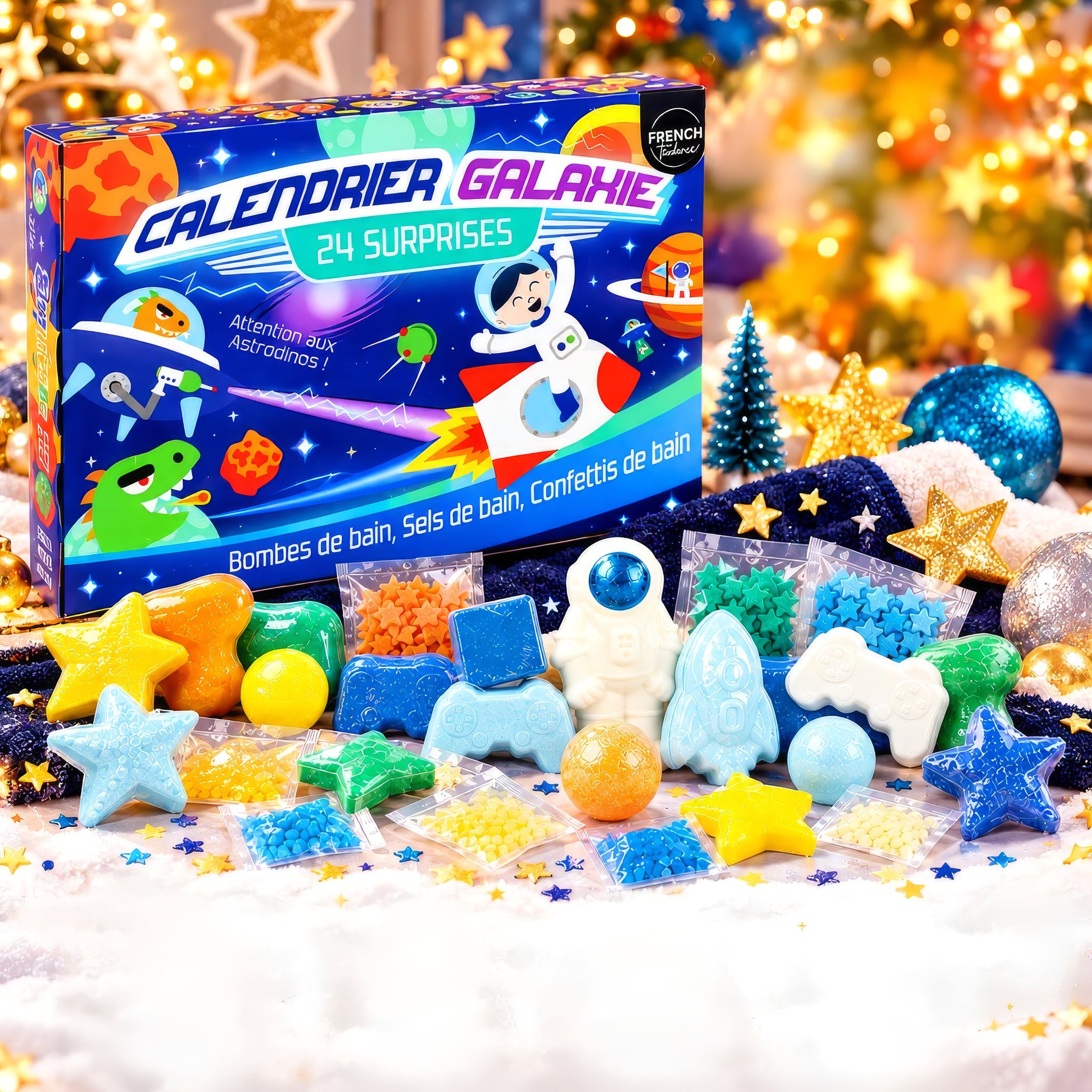 Galaxie-Adventskalender mit 24 Badeüberraschungen vor weihnachtlichem Hintergrund