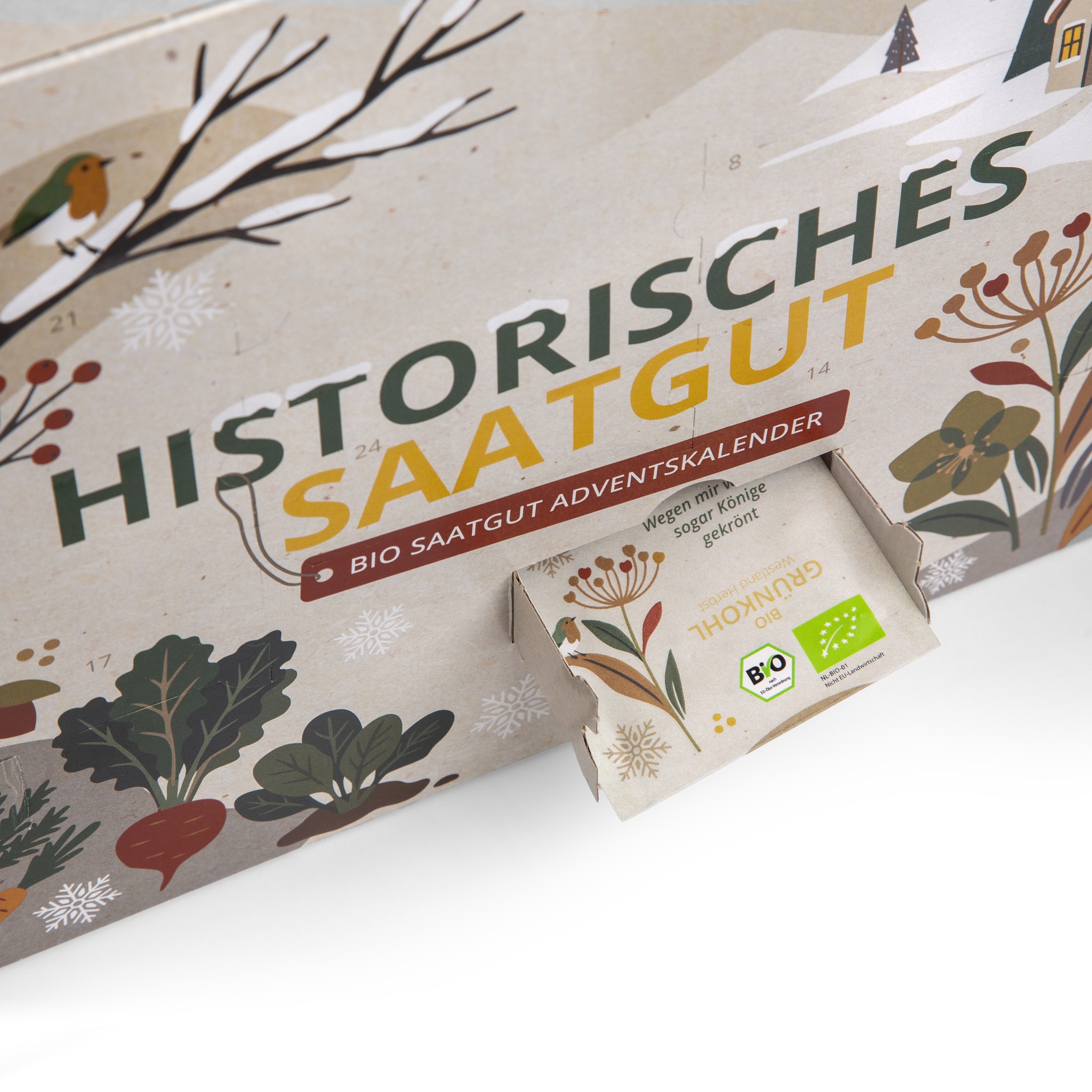Fenêtre ouverte du calendrier de l'Avent de semences avec un sachet de graines bio de chou frisé