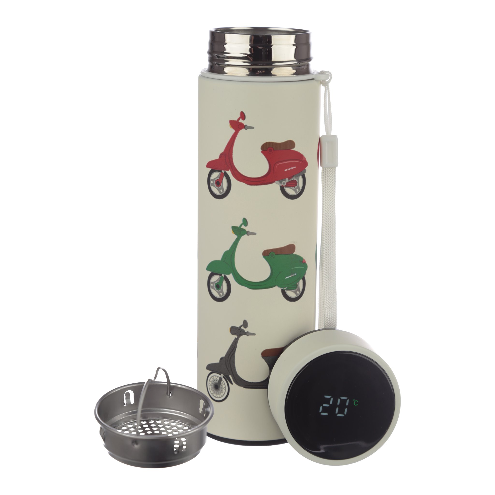 Bouteille isotherme scooter, couvercle ote, infuseur et affichage de temperature