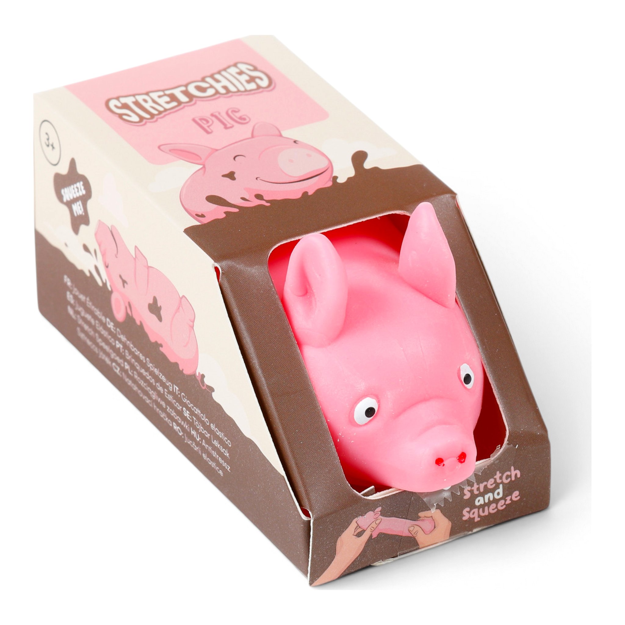 Cochon anti-stress dans sa boite ouverte « Stretches Pig »