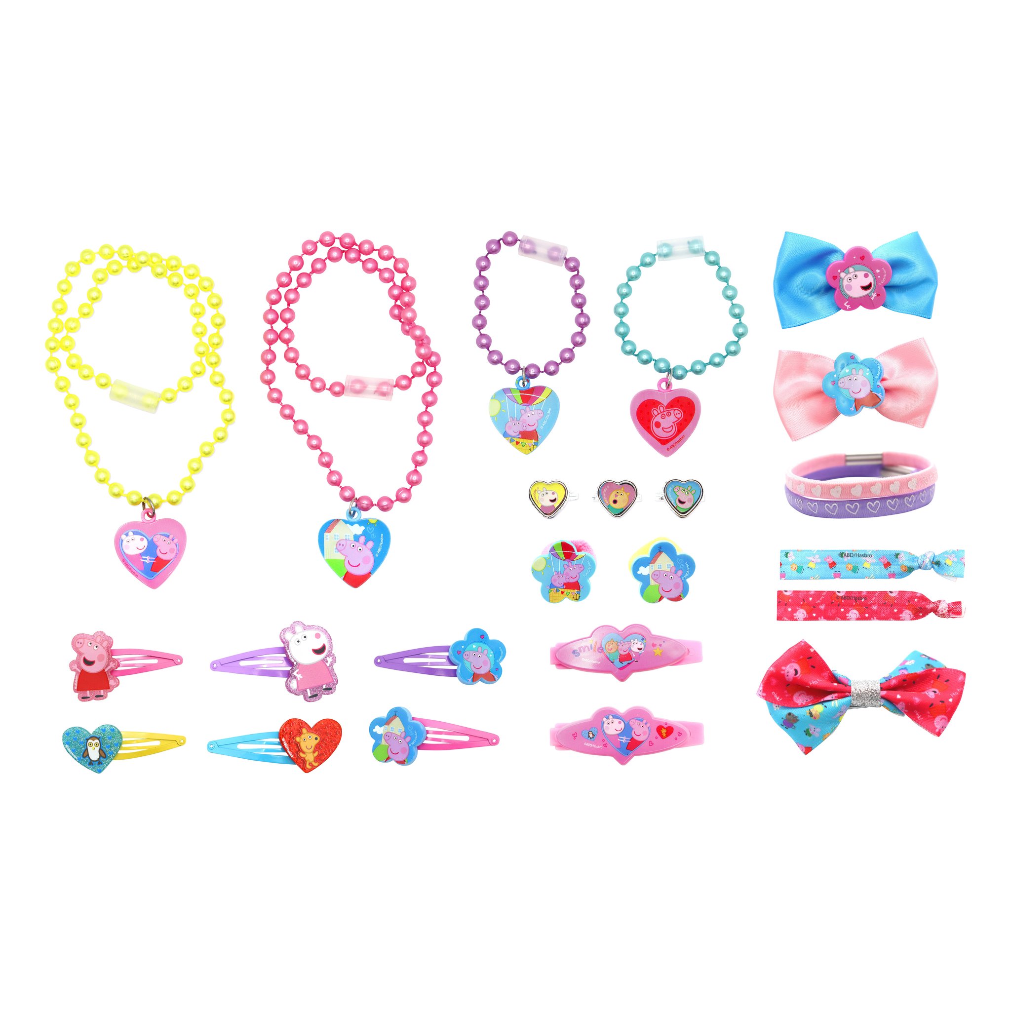Inhalt des Peppa Pig Adventskalenders: Perlenketten, Armbänder, Haarspangen, Schleifen, Ringe und Haargummis