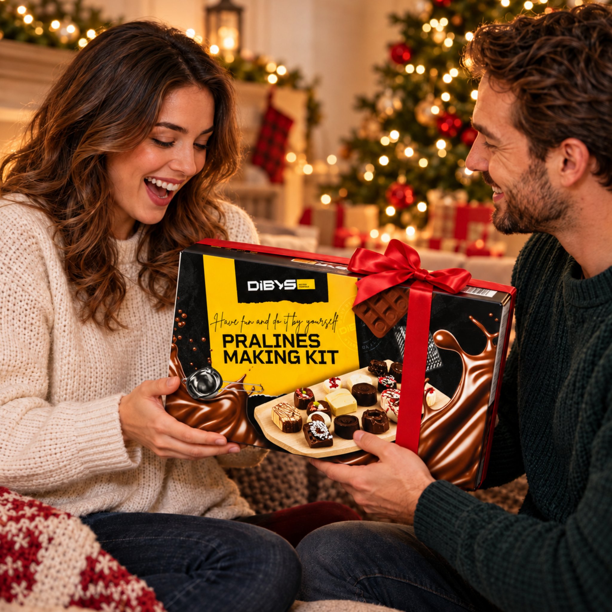 Couple déballant le kit pralinés offert à Noël avec un ruban rouge