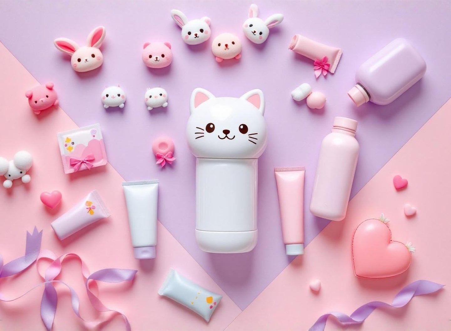 Kawaii- und Sanrio-Produkte im Pastell-Flatlay: Katzen-Trinkflasche, Plüschfiguren, Lippenpflege und Herzen