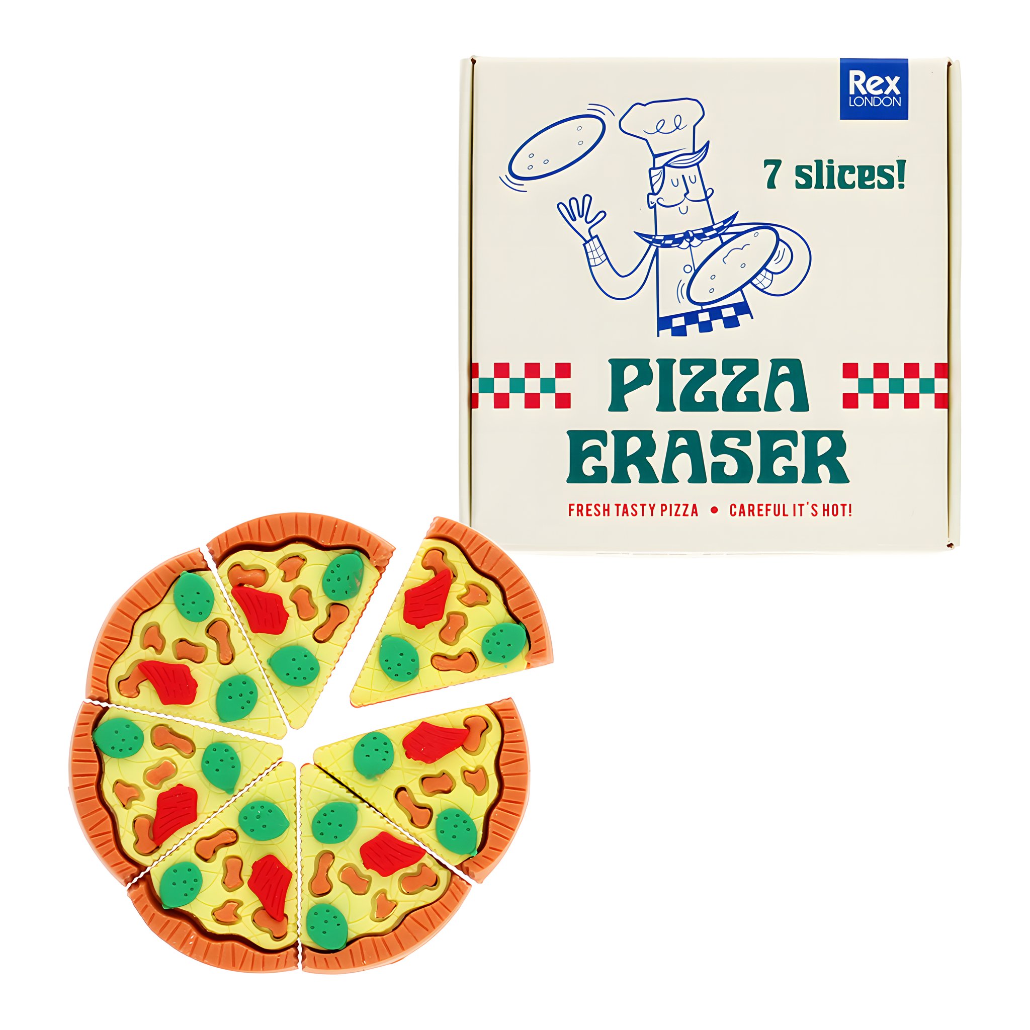 Pizza-Radiergummi mit herausgenommenem Stück vor der Pizzakarton-Schachtel