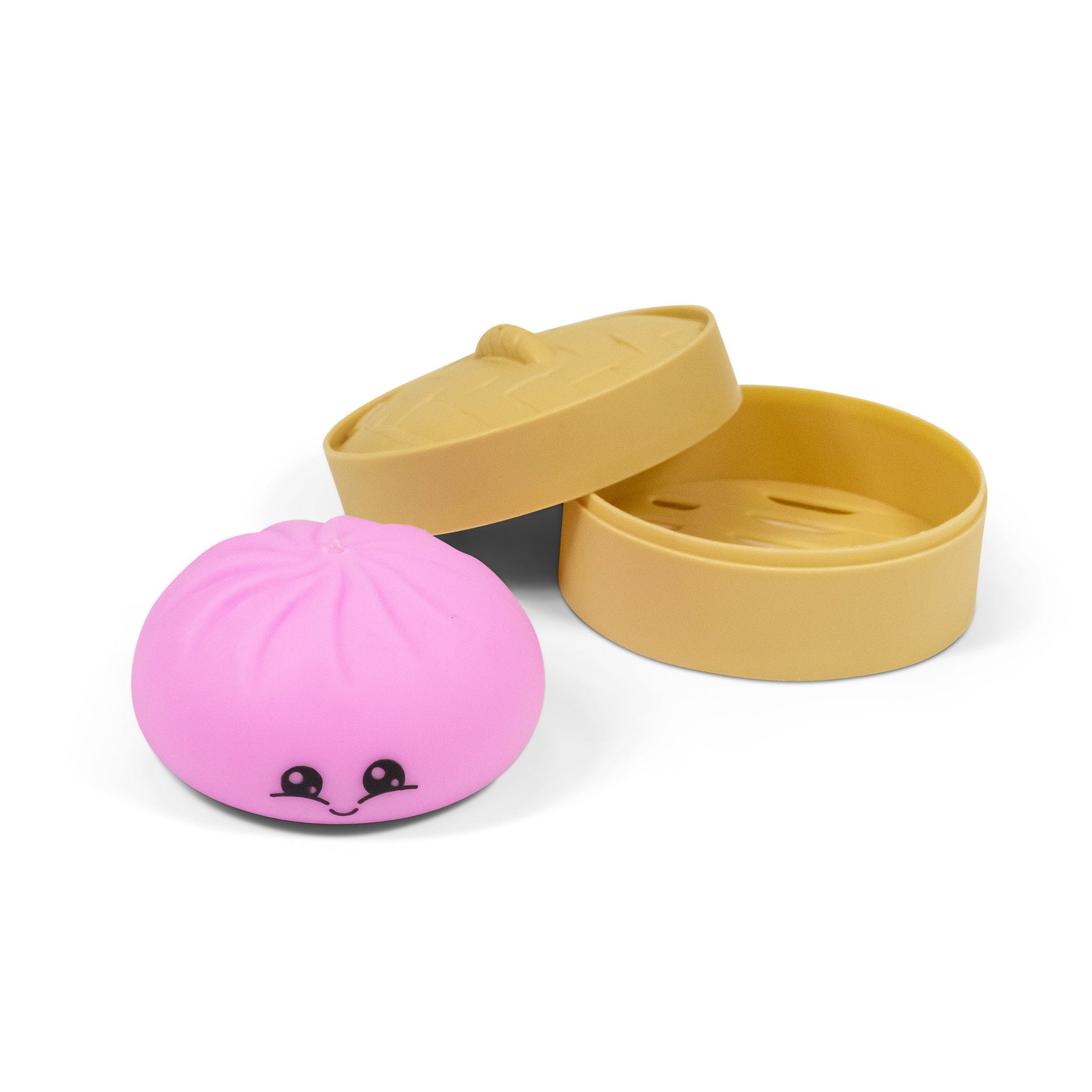 Pinker Scrunchems Dumpling Squishy neben dem Bambuskörbchen