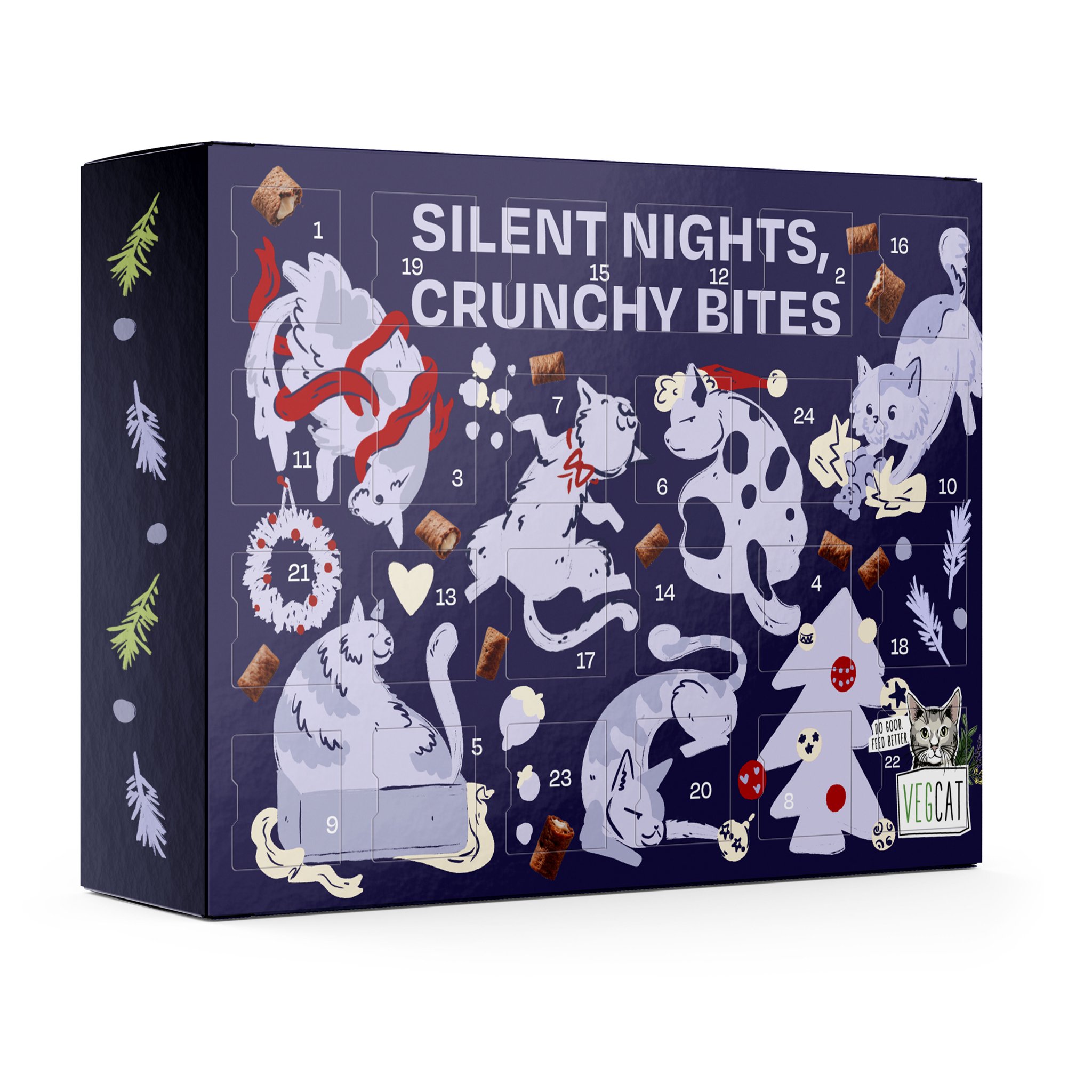 Adventskalender für Katzen mit Pure Bites – Vorderseite «Silent Nights, Crunchy Bites»
