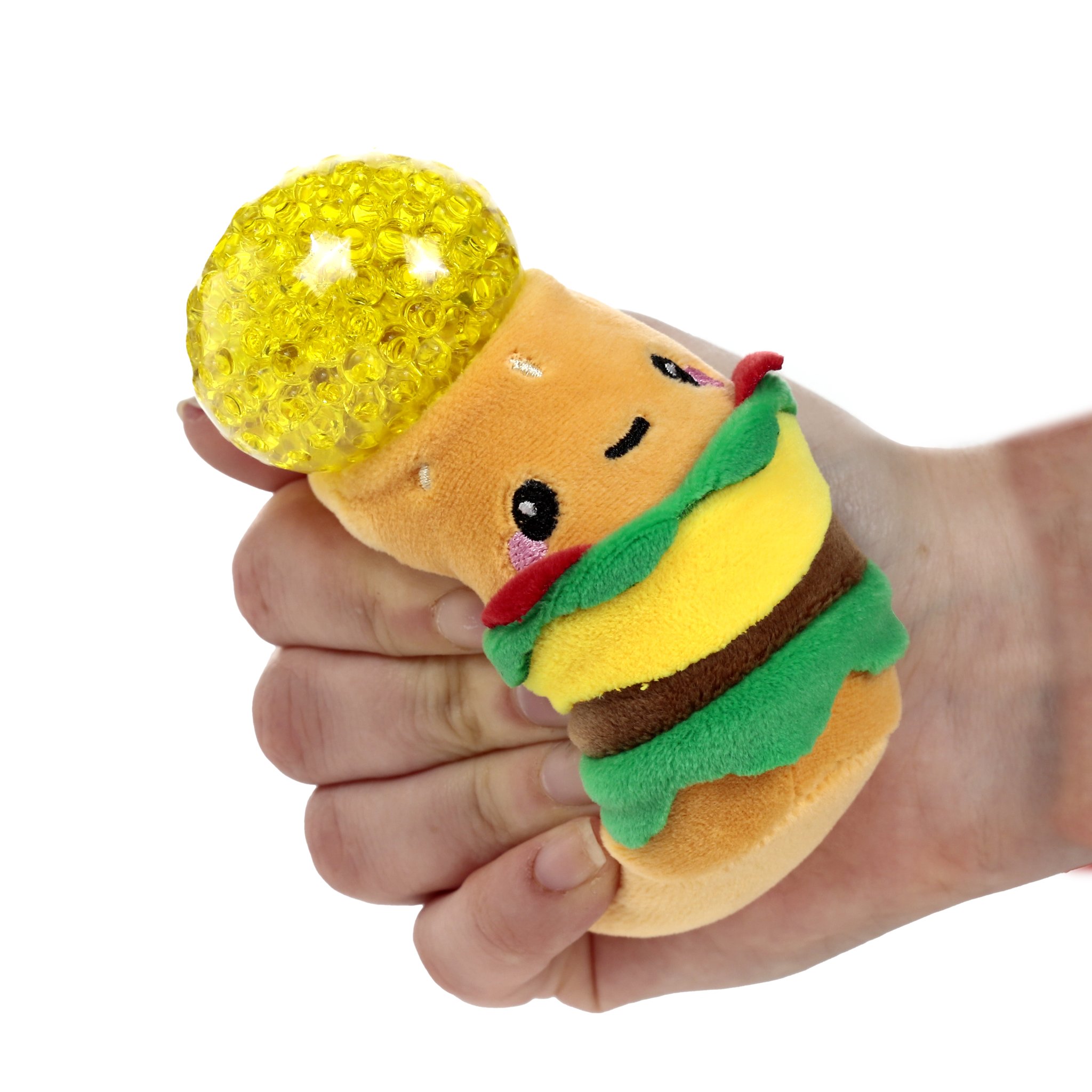 Balle anti-stress burger en peluche tenue en main, perle de gel qui ressort