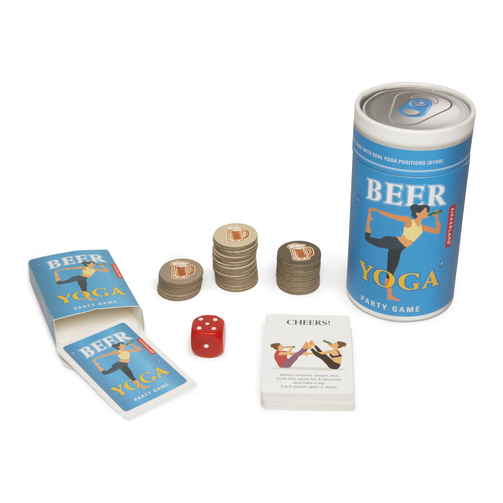 Spielinhalt Bier-Yoga: Dose, Karten, Holzchips und Würfel