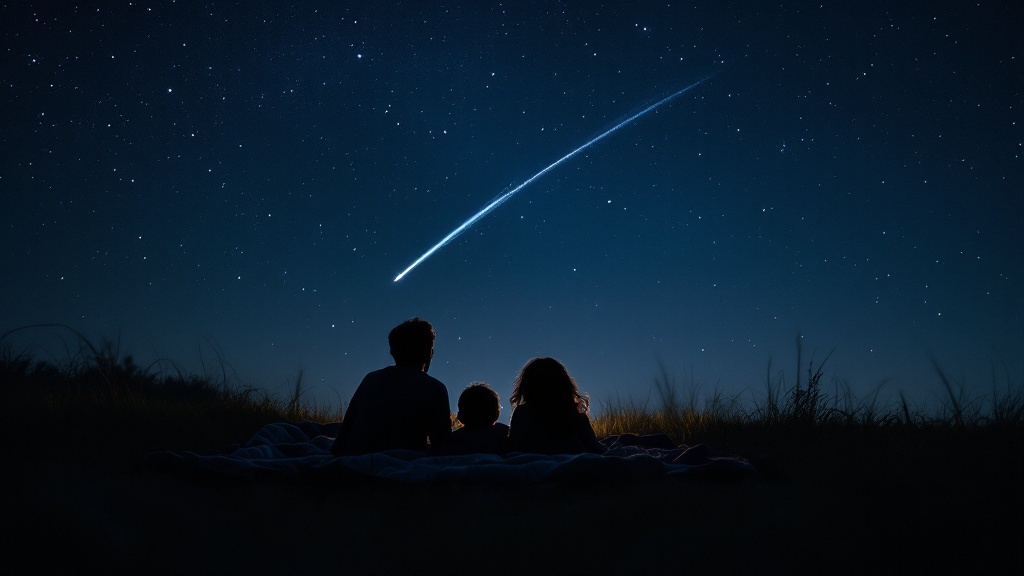 Family lying on a blanket in a meadow at night watching a shooting star in the starry sky