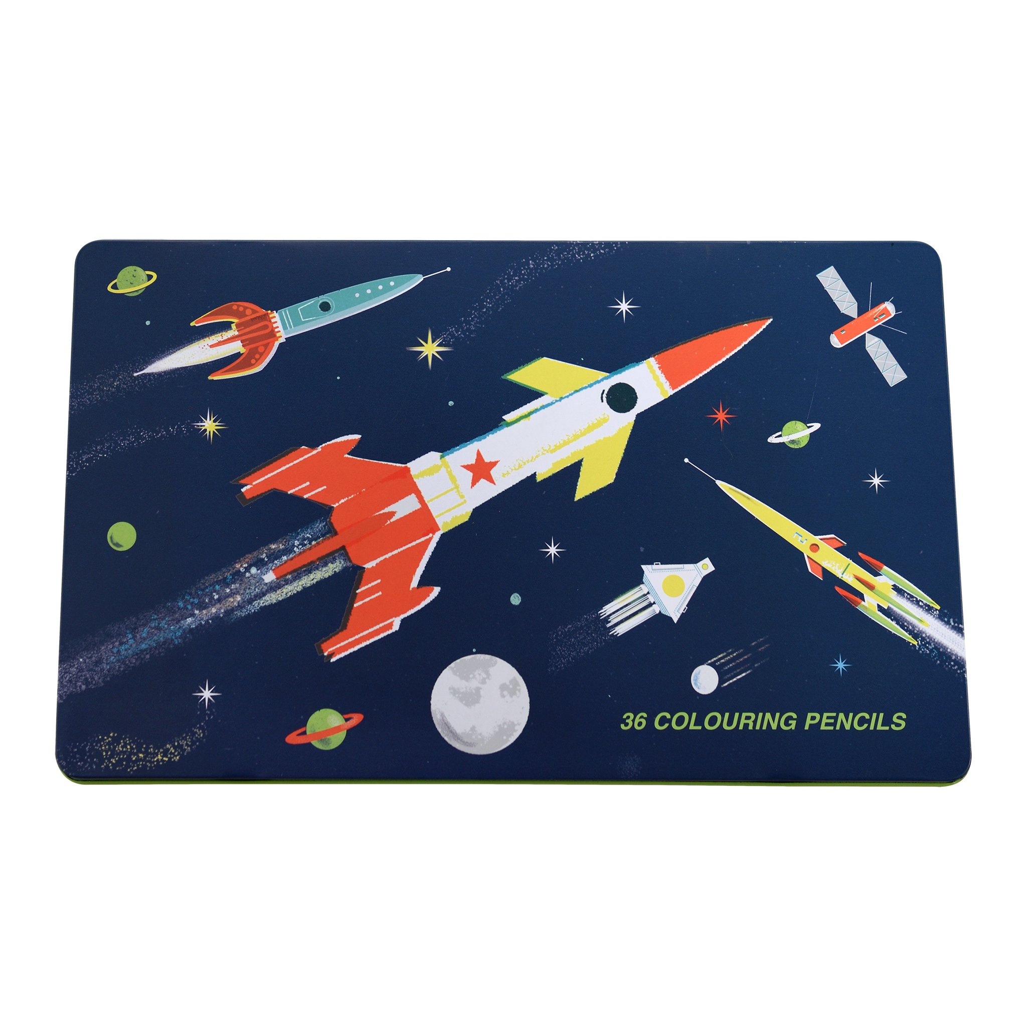 Geschlossene Space Age Metalldose mit Rakete, Satellit und Mond