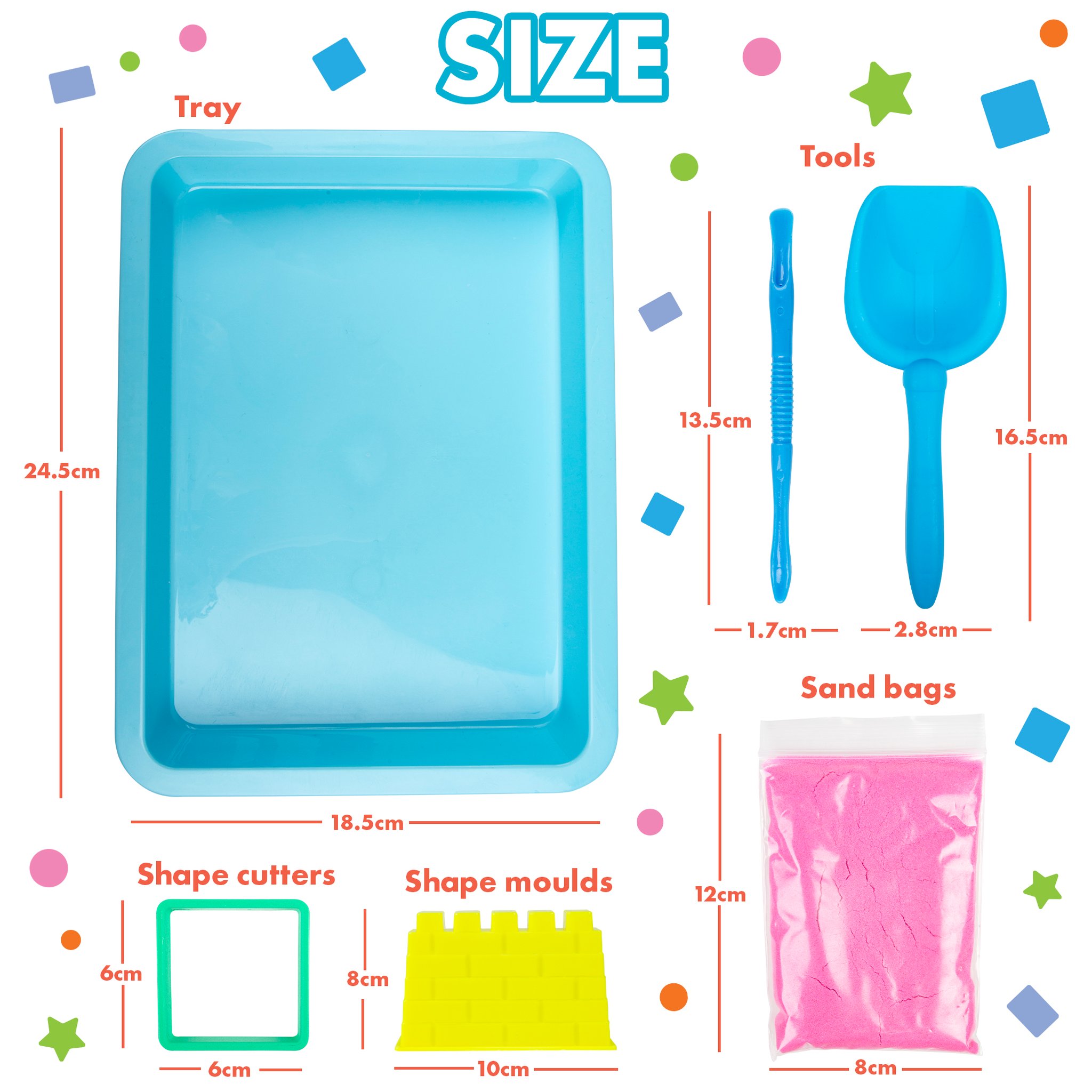abeec Squeezy Sand Set – Massangaben von Tablett, Werkzeug und Sandbeuteln