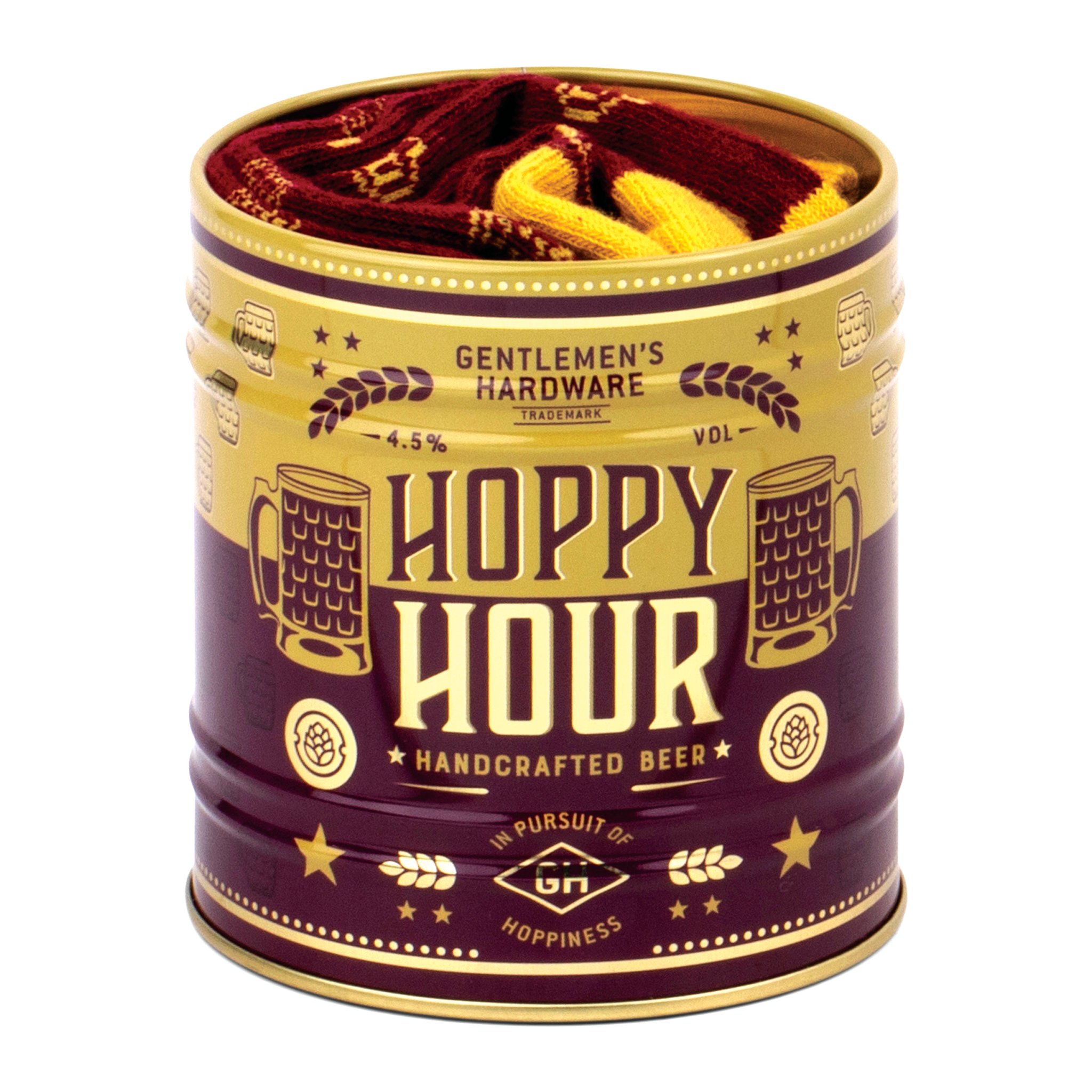 Open tin from the Socks in a Can - Beer set without packaging, burgundy and yellow socks showing at the top