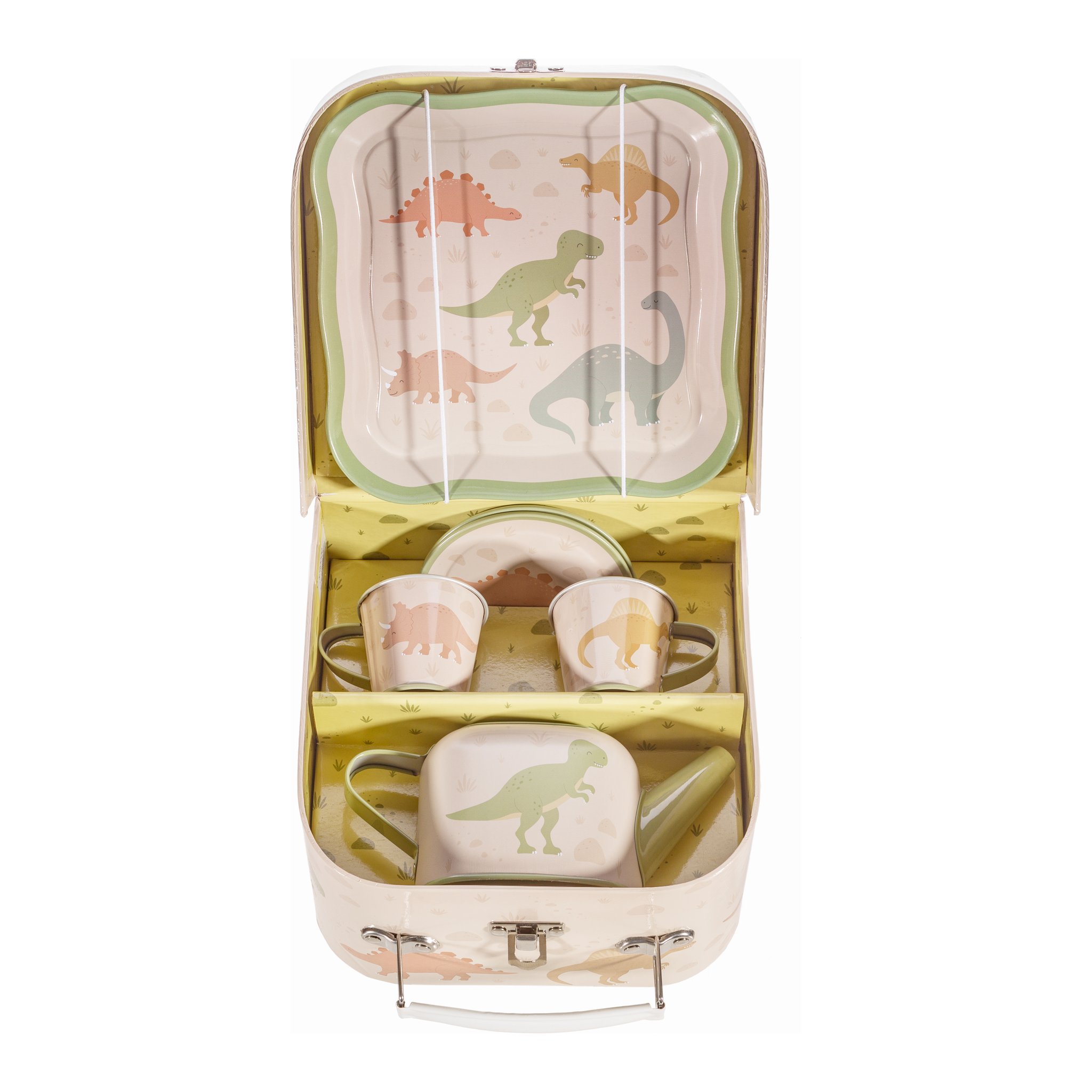 Dînette enfant Desert Dino dans la valise ouverte à motif dinosaures, détourée