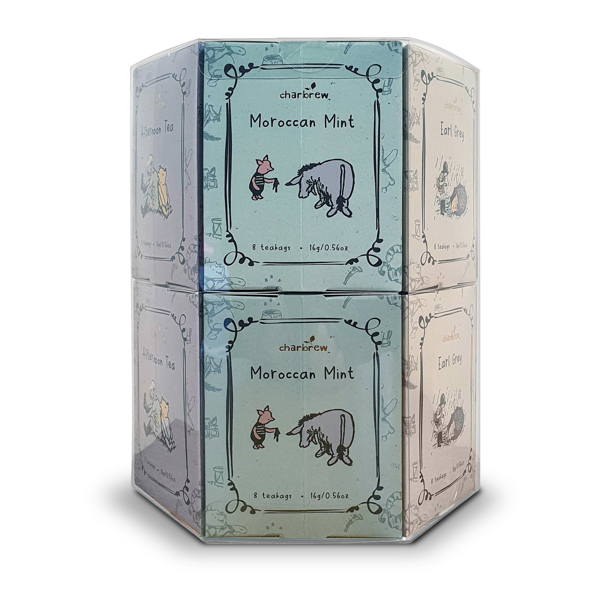 View of the Winnie the Pooh tea tower with the turquoise Moroccan Mint boxes