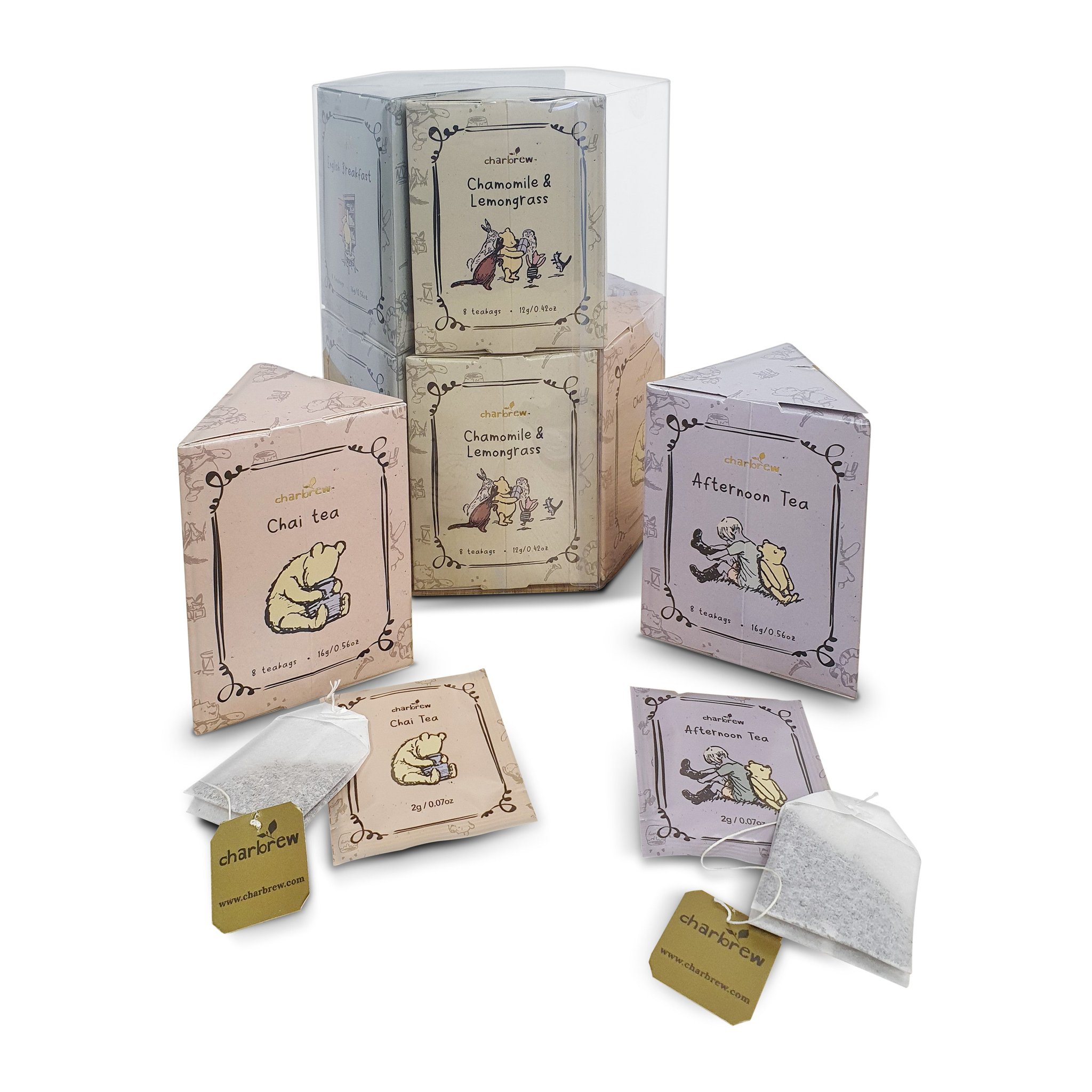 Charbrew Winnie the Pooh tea gift set with hexagonal tea boxes and individually wrapped tea bags