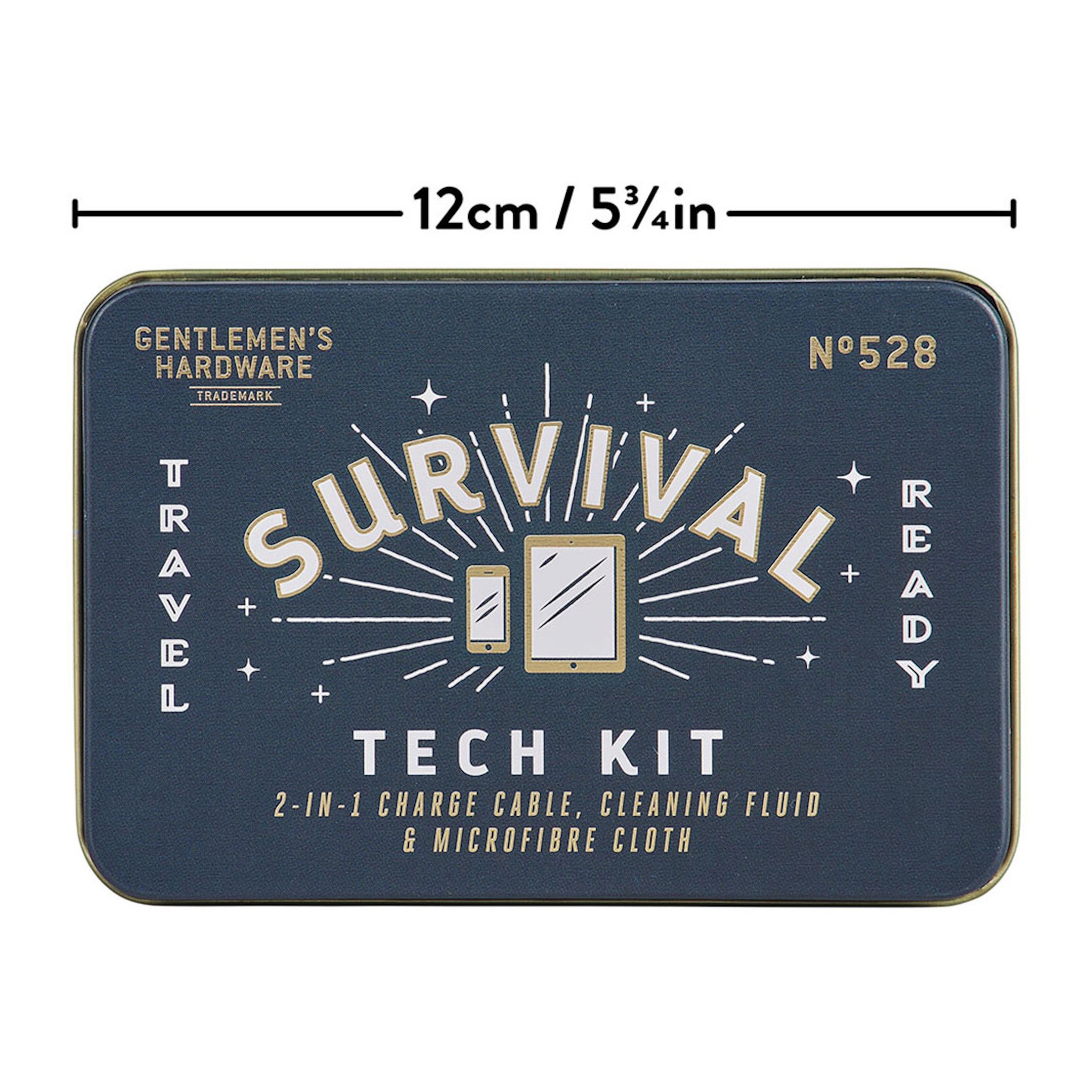 Deckel der Dose des Survival Tech Kit frontal, darüber eine Bemassungslinie mit Breitenangabe in Zentimetern und Zoll