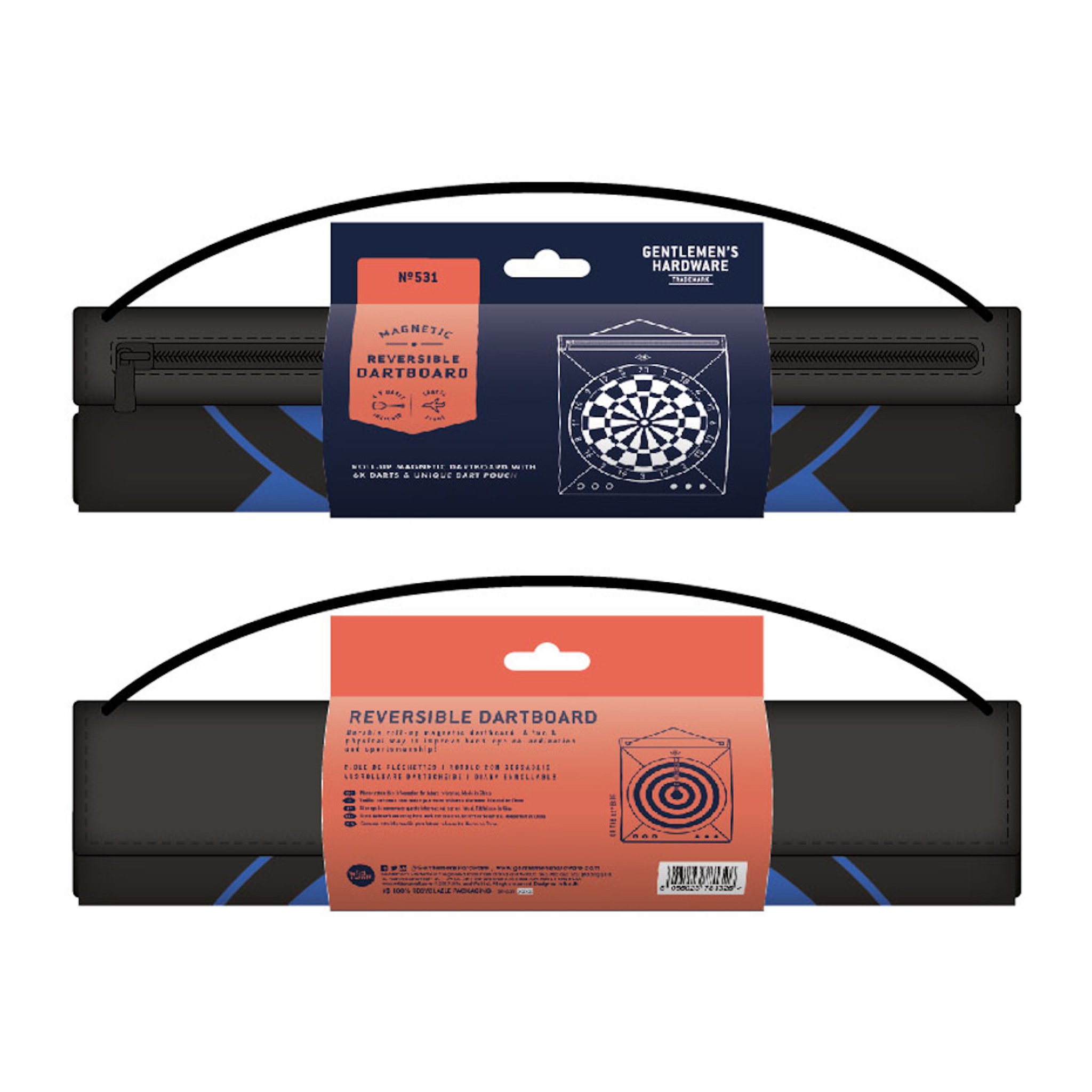 Recto et verso de l'emballage du jeu de fléchettes enroulable: bandeaux bleu et orange, fermeture éclair et cordon