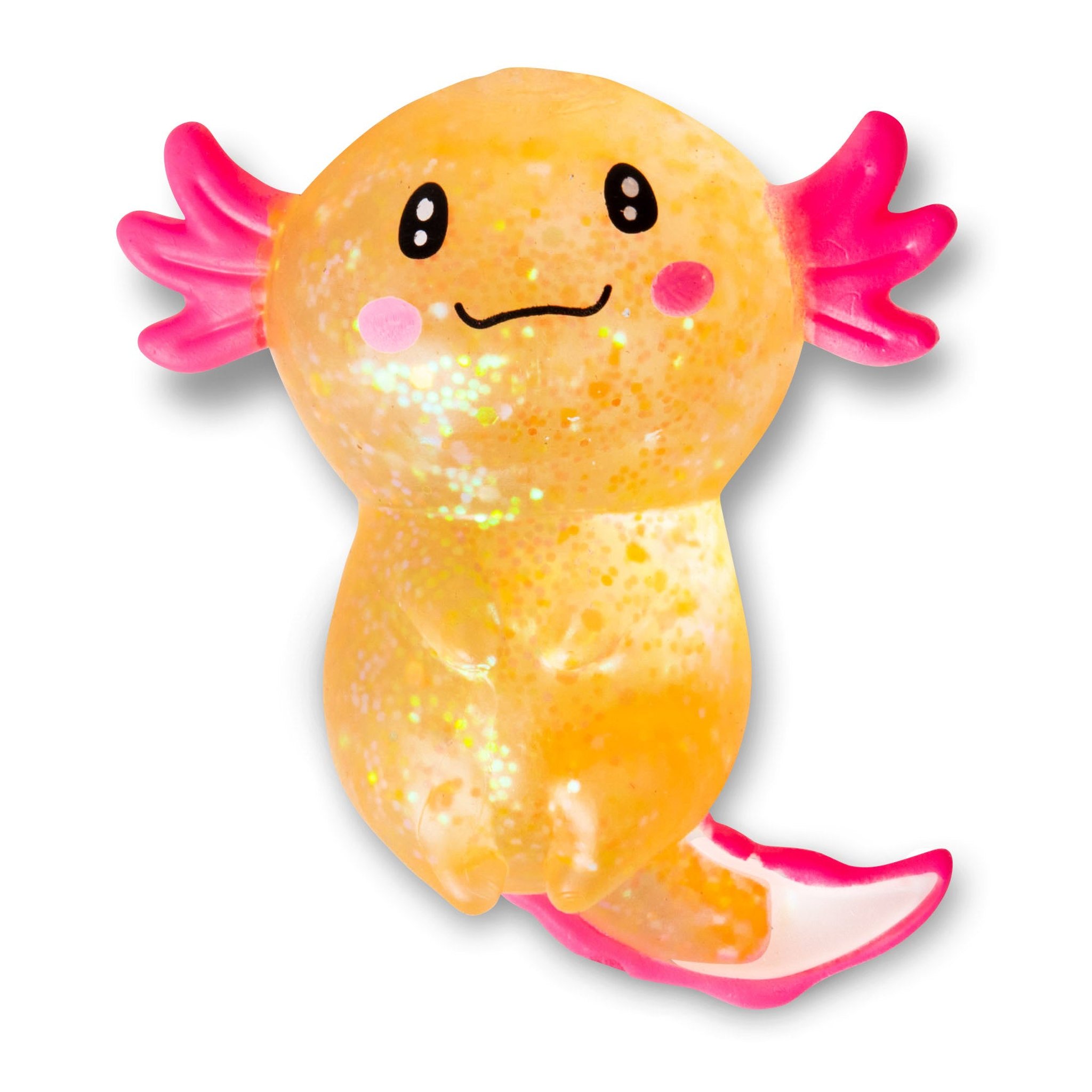 Oranger Axolotl-Squishy mit Glitzer, pinken Kiemenbüscheln und roten Bäckchen