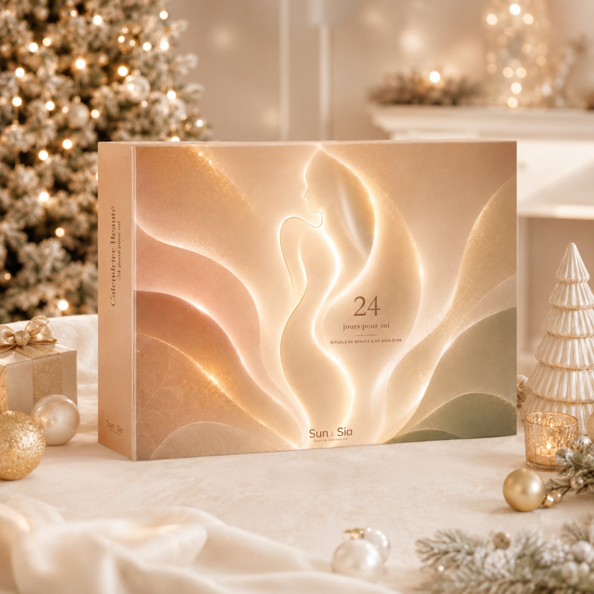 Coffret du calendrier de l'Avent beauté pastel et or devant le sapin