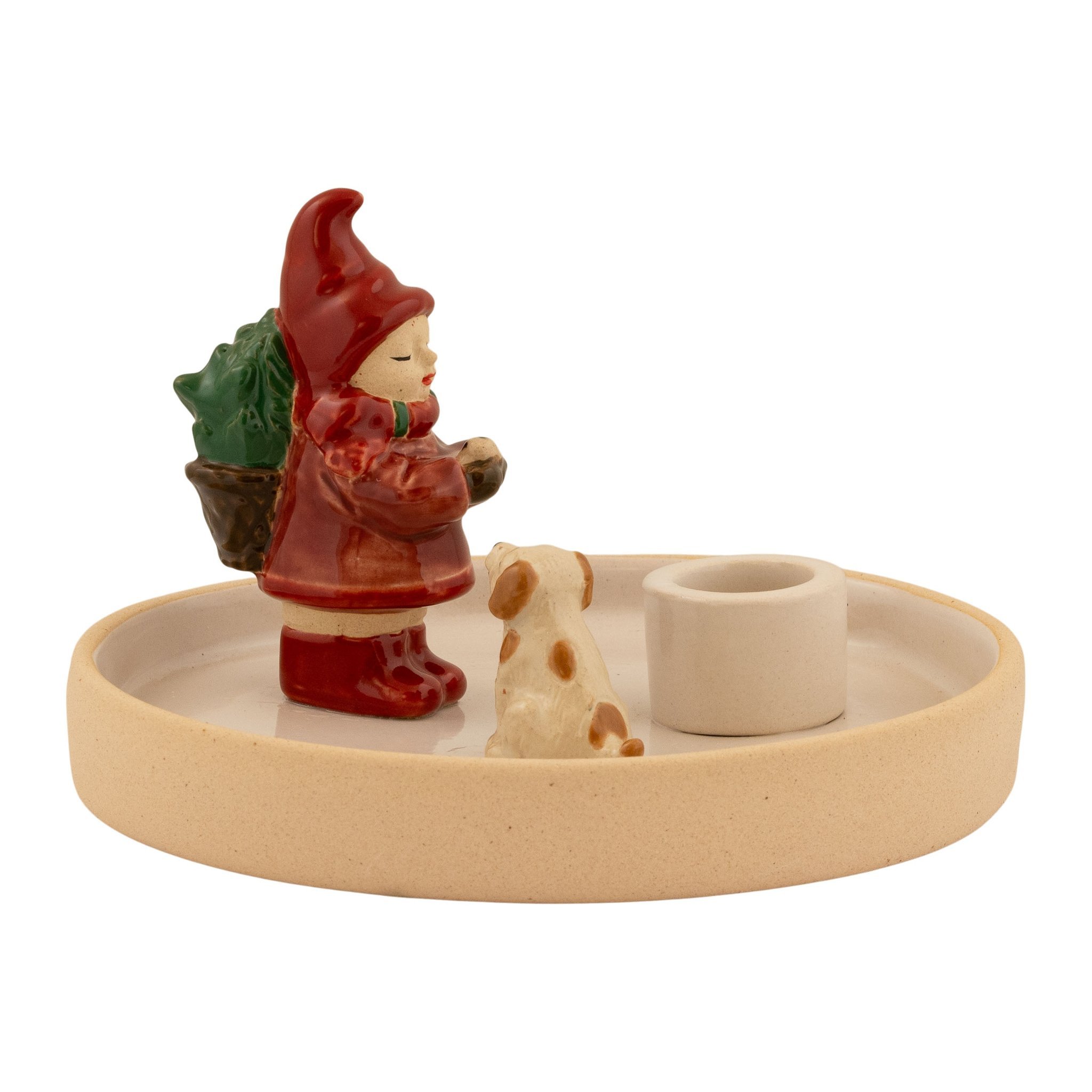 Kerzenhalter mit Wichtel und Hund von der anderen Seite, Wichtel mit Tannenkorb auf dem Rücken