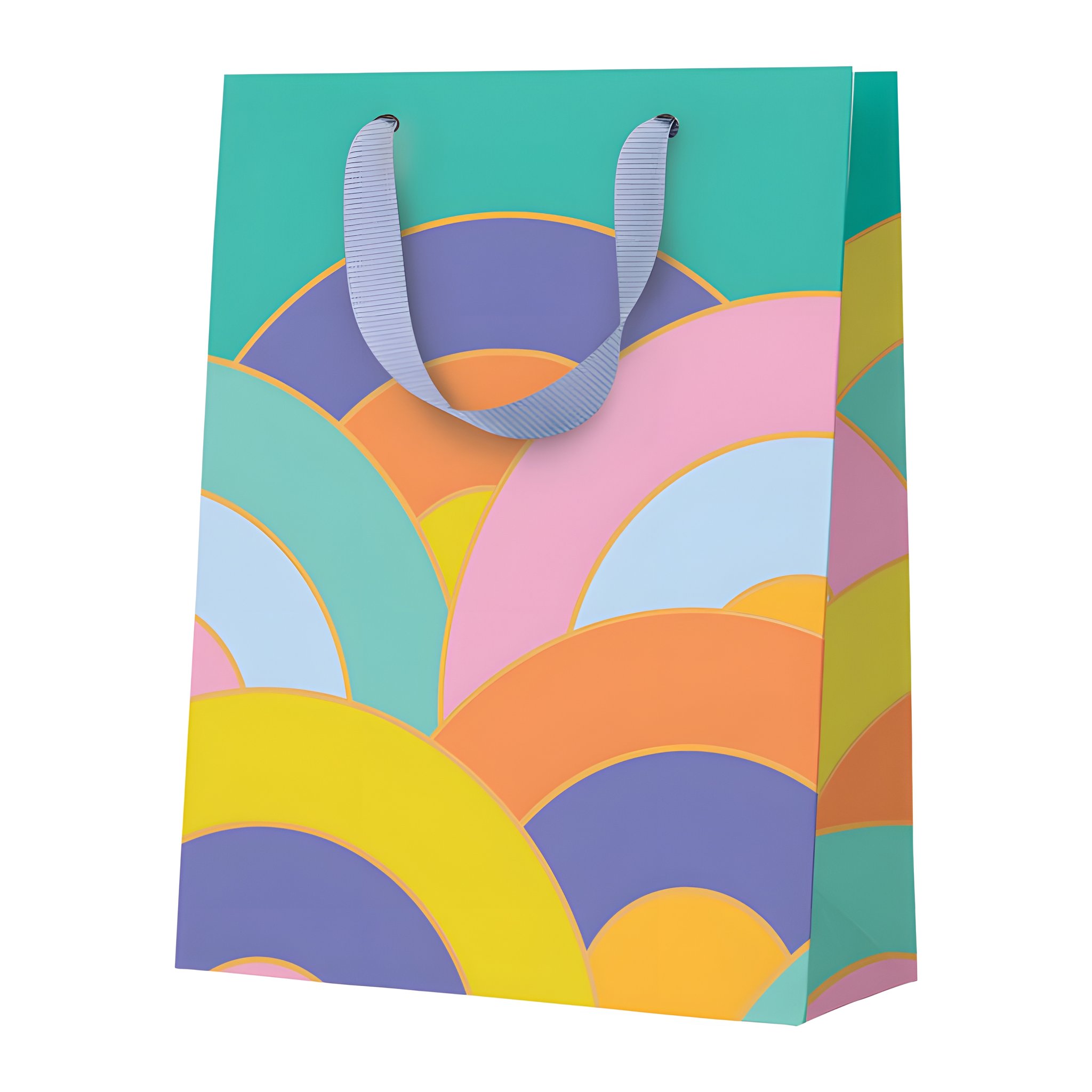 Busta regalo media con archi arcobaleno di Ohh Deer con manici in nastro su sfondo bianco