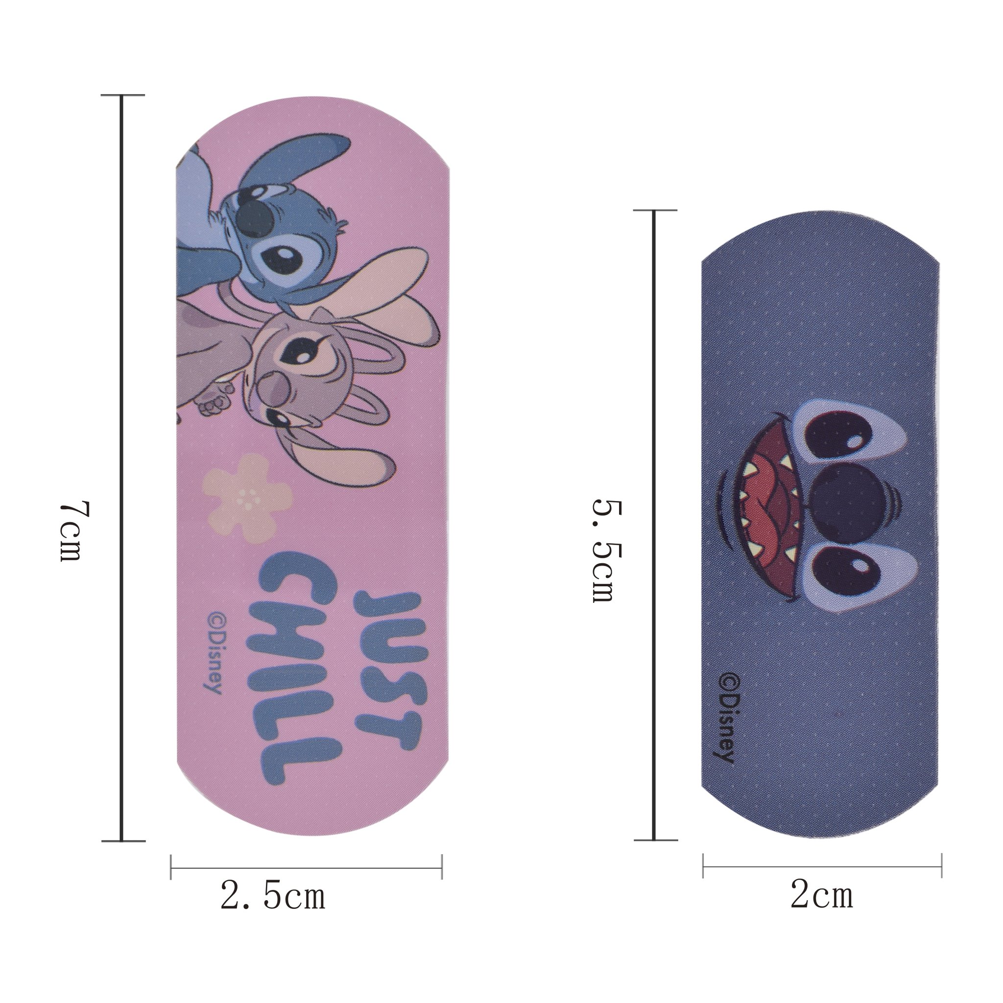 Plaster sizes: large pink one 7 x 2.5 cm, small blue one 5.5 x 2 cm
