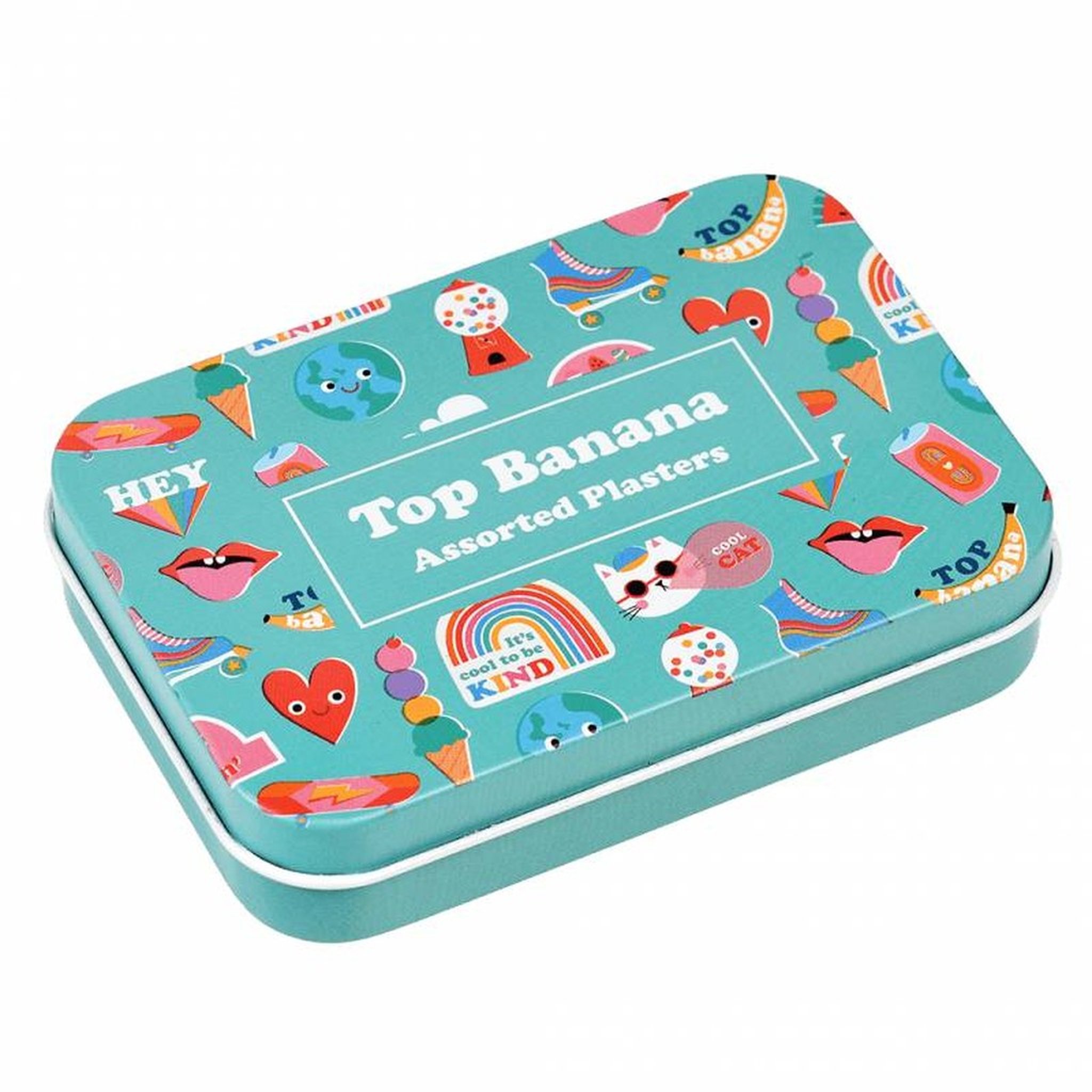Closed turquoise 'Top Banana Assorted Plasters' tin