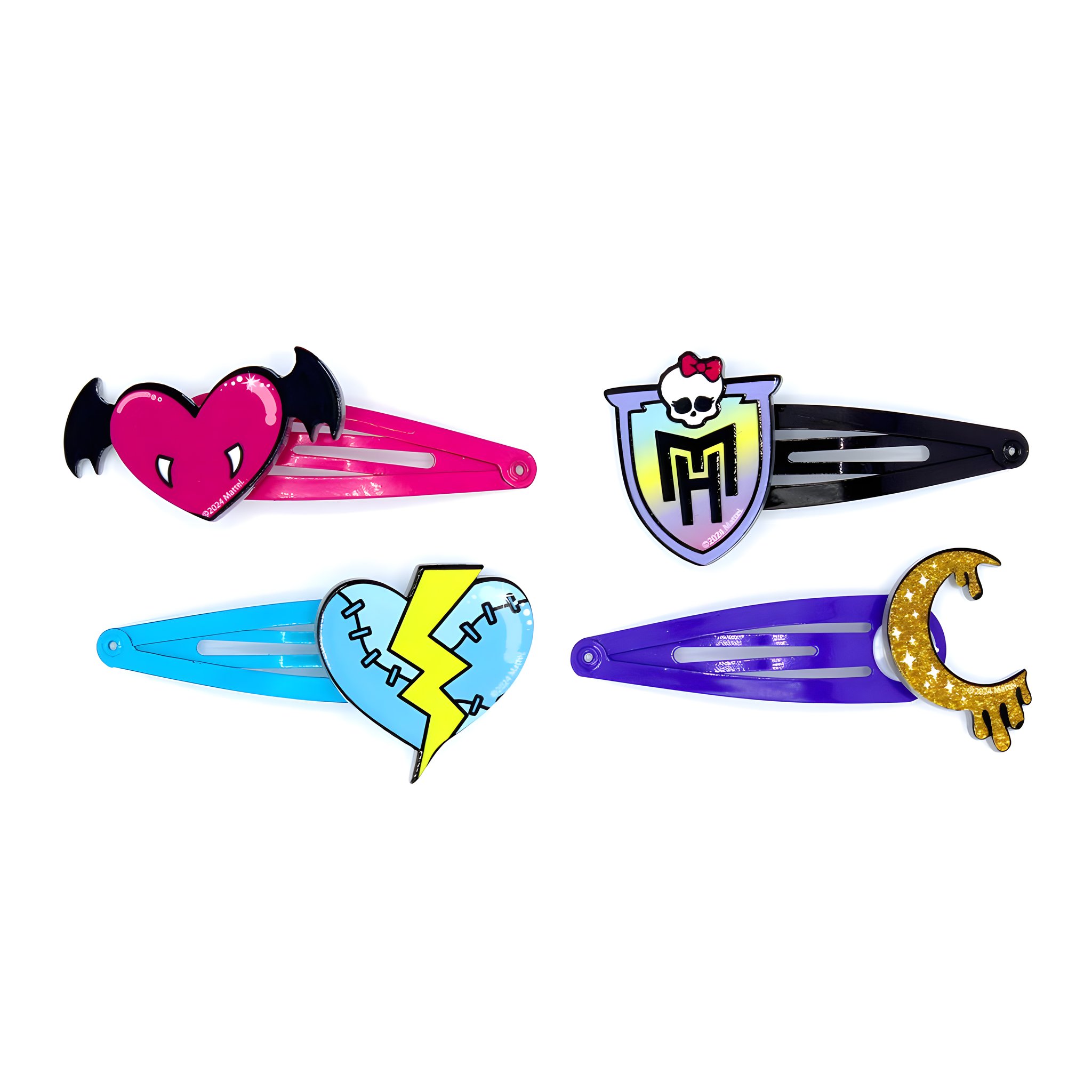 Vier Metall-Haarspangen aus dem Monster High Adventskalender: Herz mit Flügeln, Wappen, Blitz-Herz und Mond