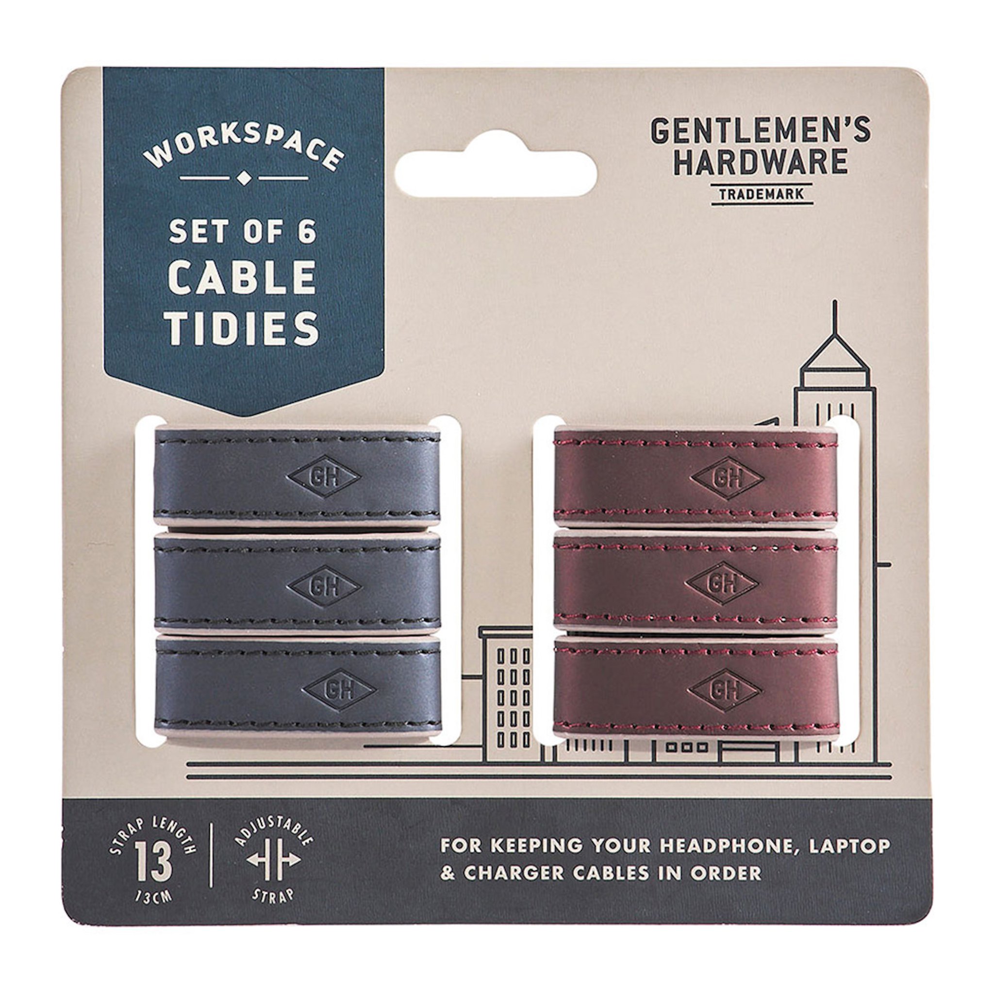 Card packaging of the Cable Tidies Set with three navy and three burgundy leather-look straps