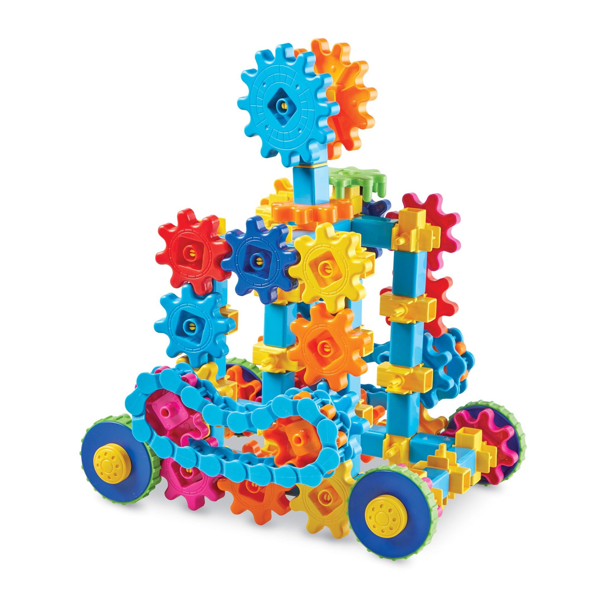 Fahrzeug aus bunten Zahnrädern mit Raupenketten und blauen Rädern aus dem Gears! Set