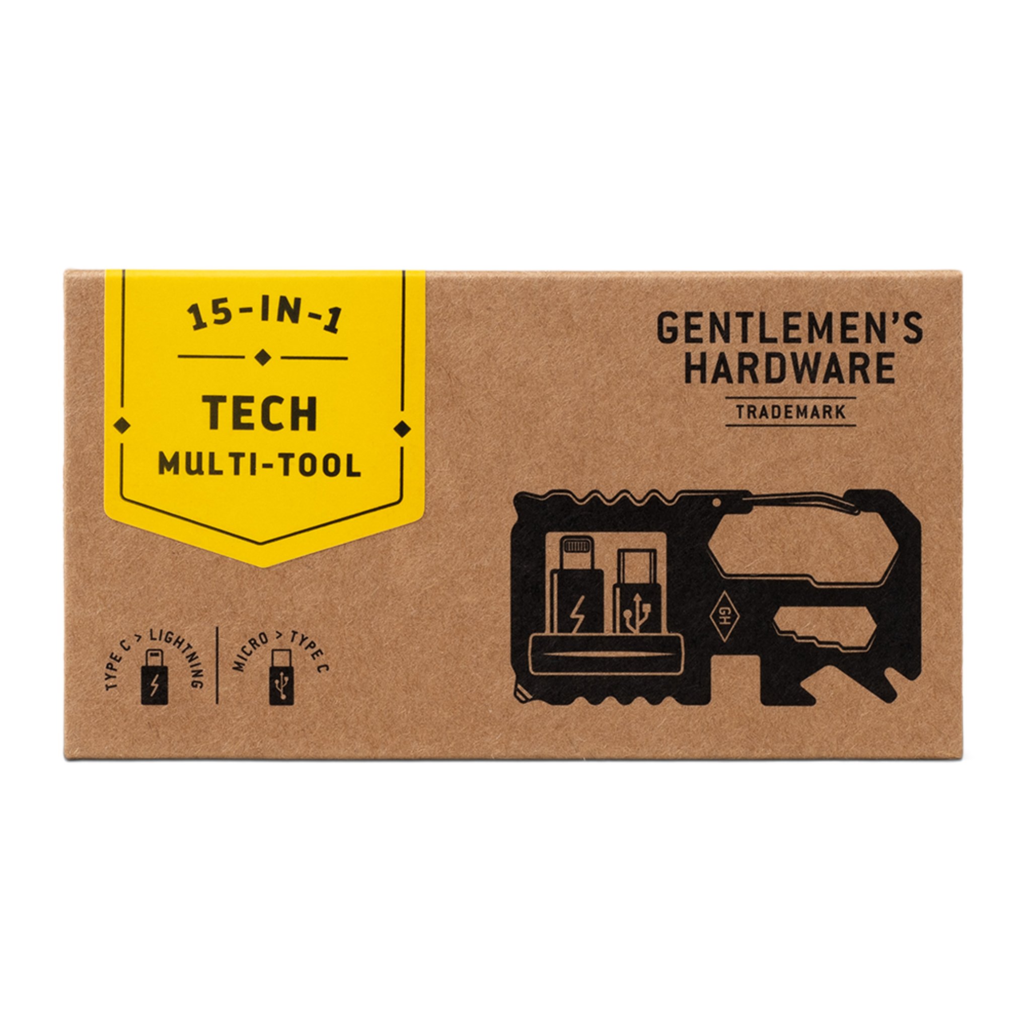 Kartonschachtel des Tech Multi-Tools mit gelbem Etikett «15-in-1» und schwarzer Werkzeug-Illustration