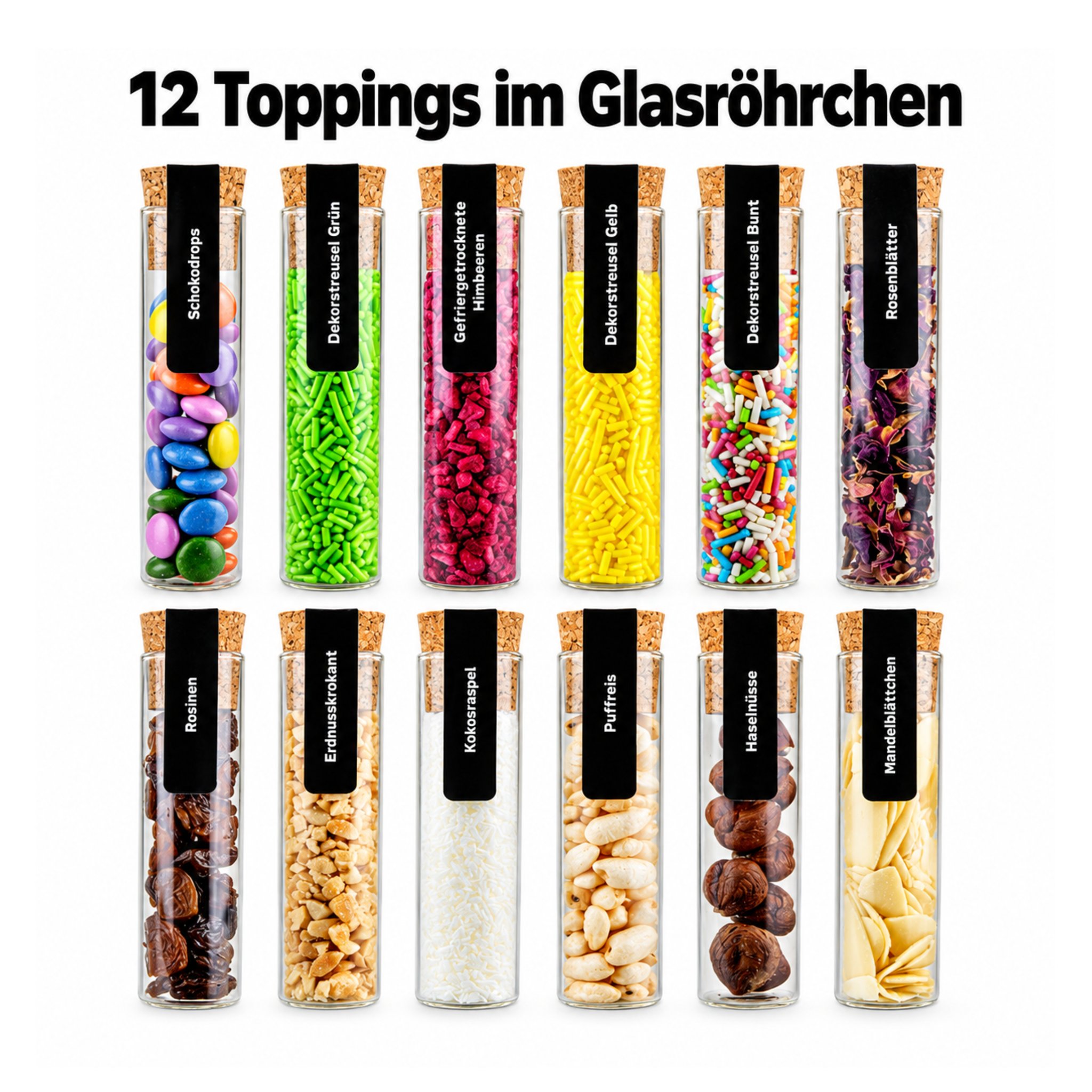 Douze garnitures en tubes de verre bouchés, des pastilles de chocolat aux amandes effilées