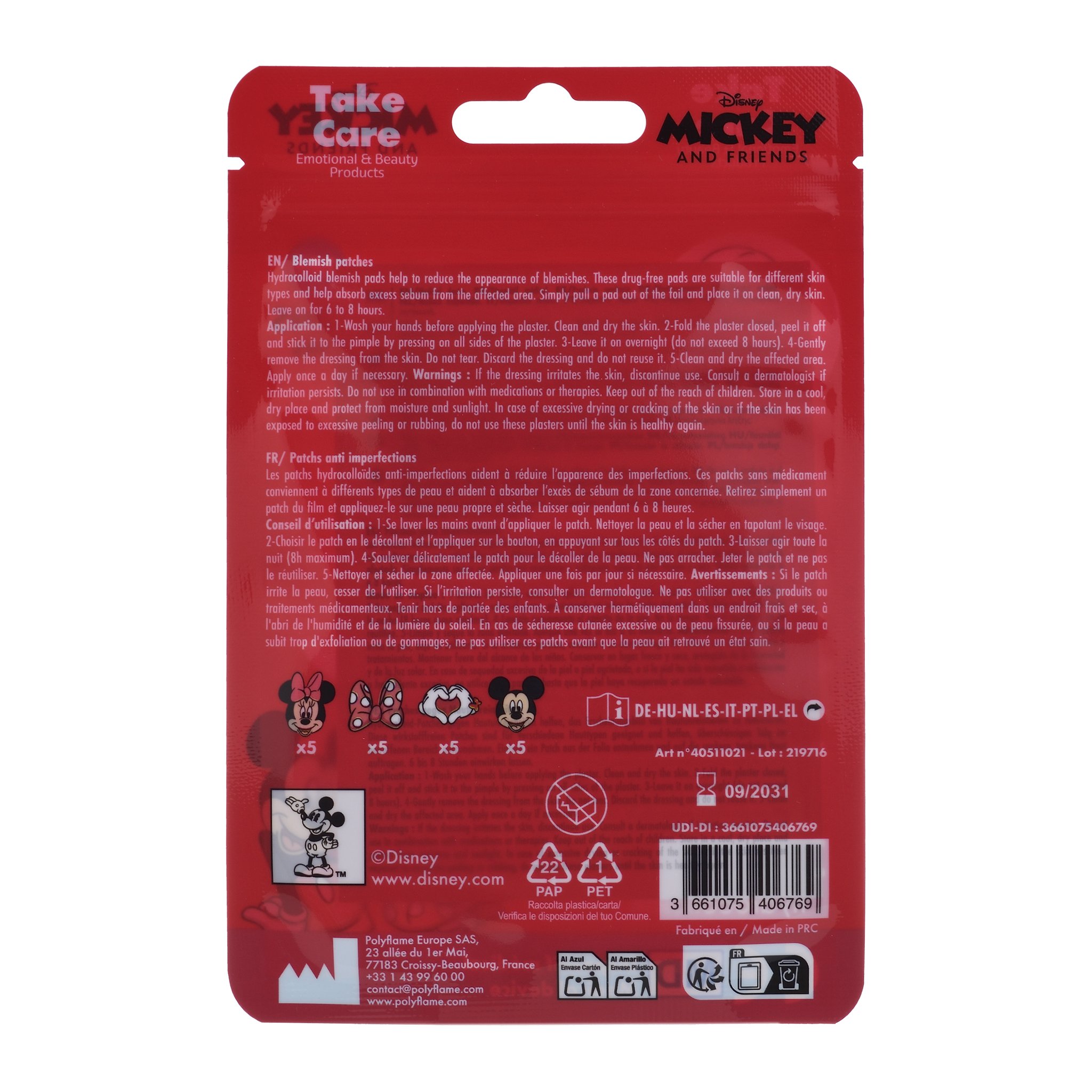 Back of the red pouch with directions for use and an overview of the designs