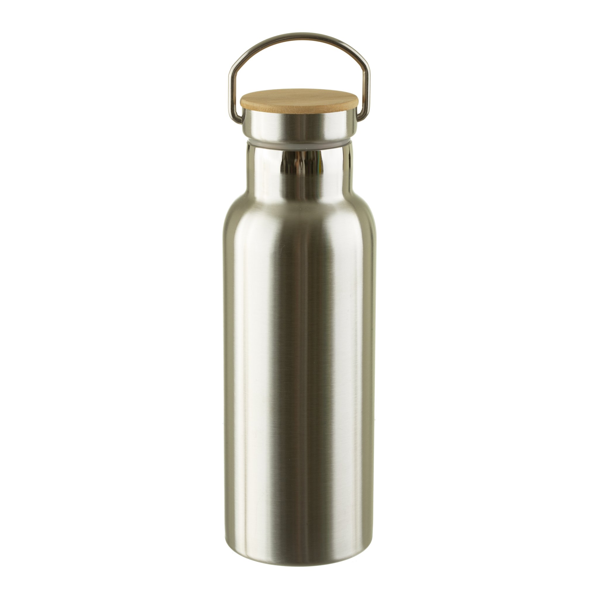 Trinkflasche mit Bambusdeckel freigestellt, Edelstahl mit Tragegriff