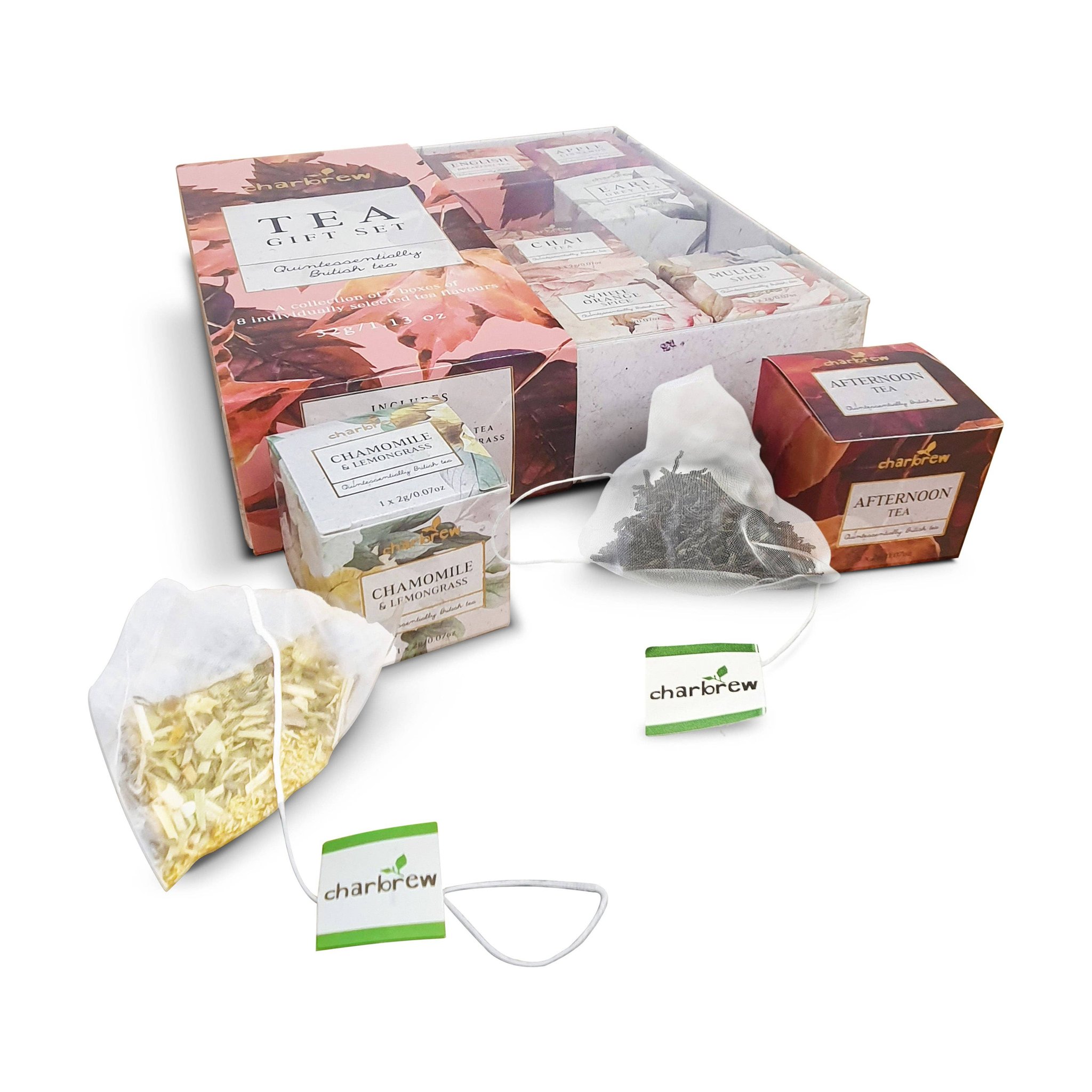 Sortenschachteln und Pyramidenbeutel der Herbst-Teebox