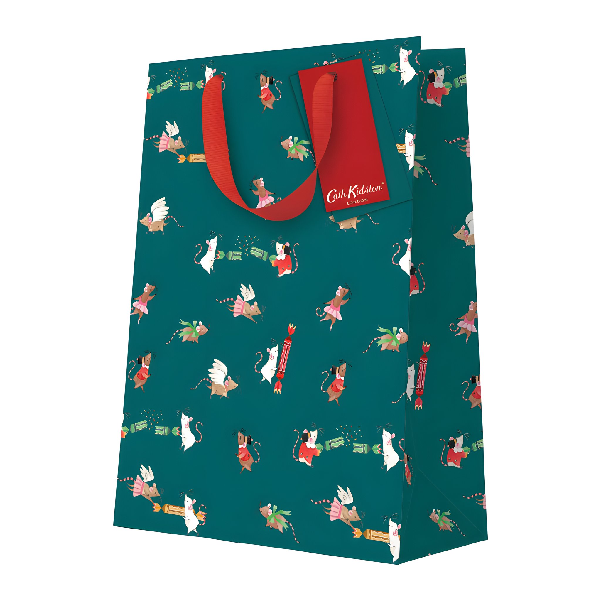 Busta regalo grande Cath Kidston con topolini schiaccianoci di Ohh Deer con manici in nastro su sfondo bianco