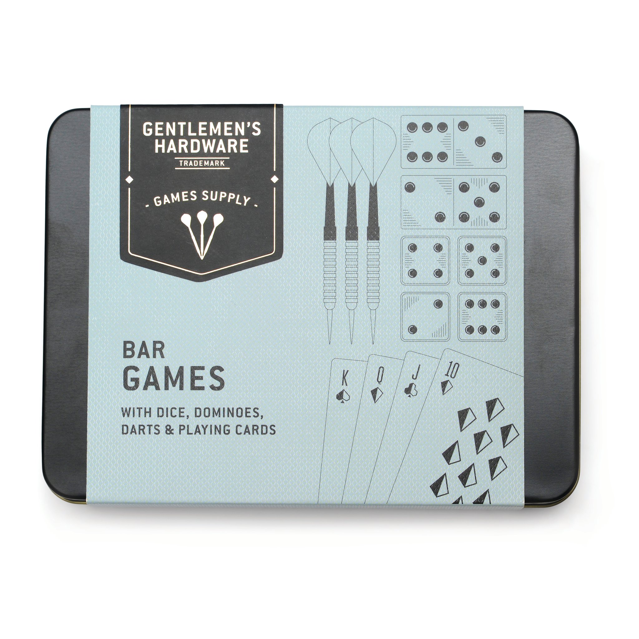 Jeux de Bar dans une boîte noire avec bandeau bleu clair illustré de fléchettes, dés et cartes
