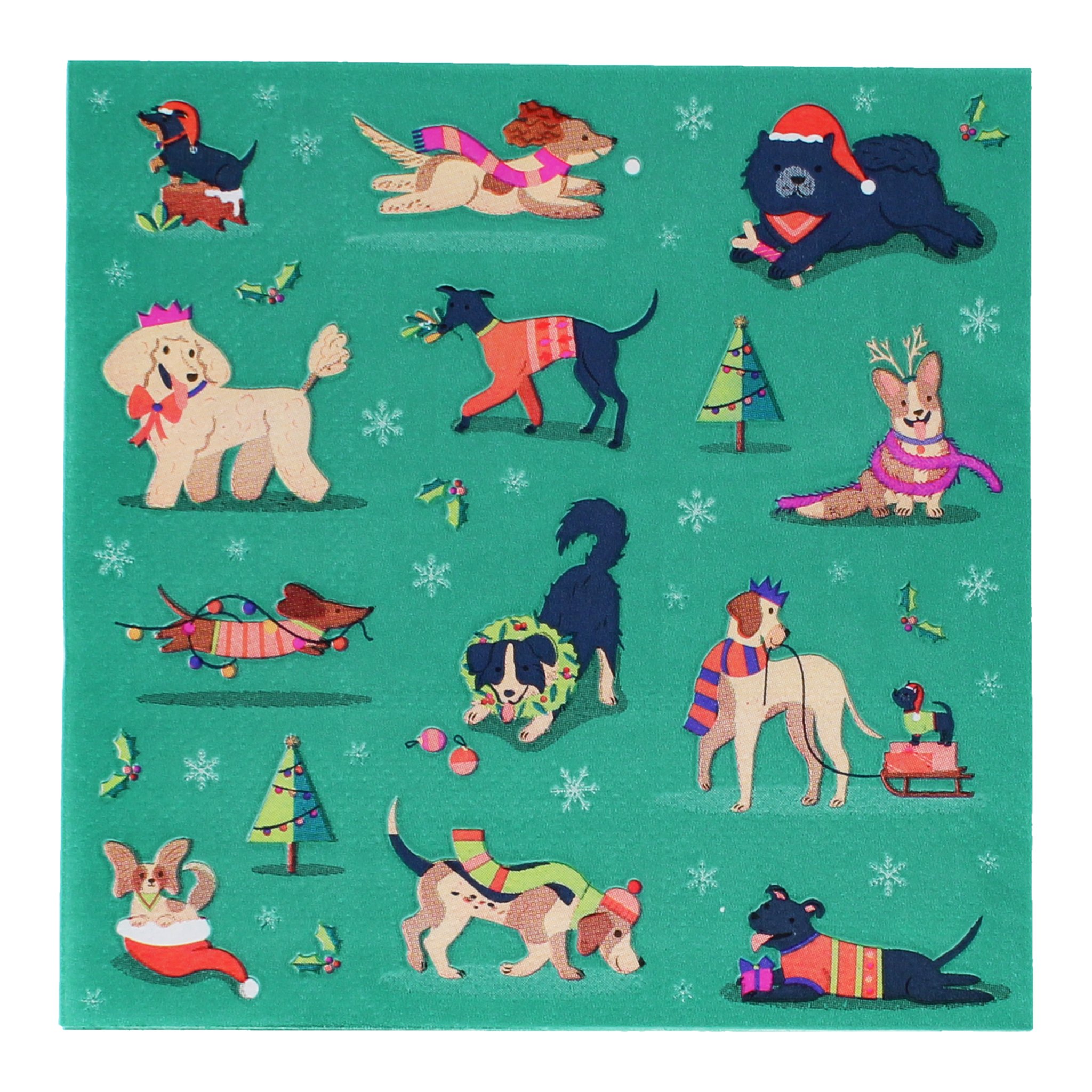 Festive Friends Serviette entfaltet mit Hunden in Weihnachtspullis, Tannen und Schneeflocken