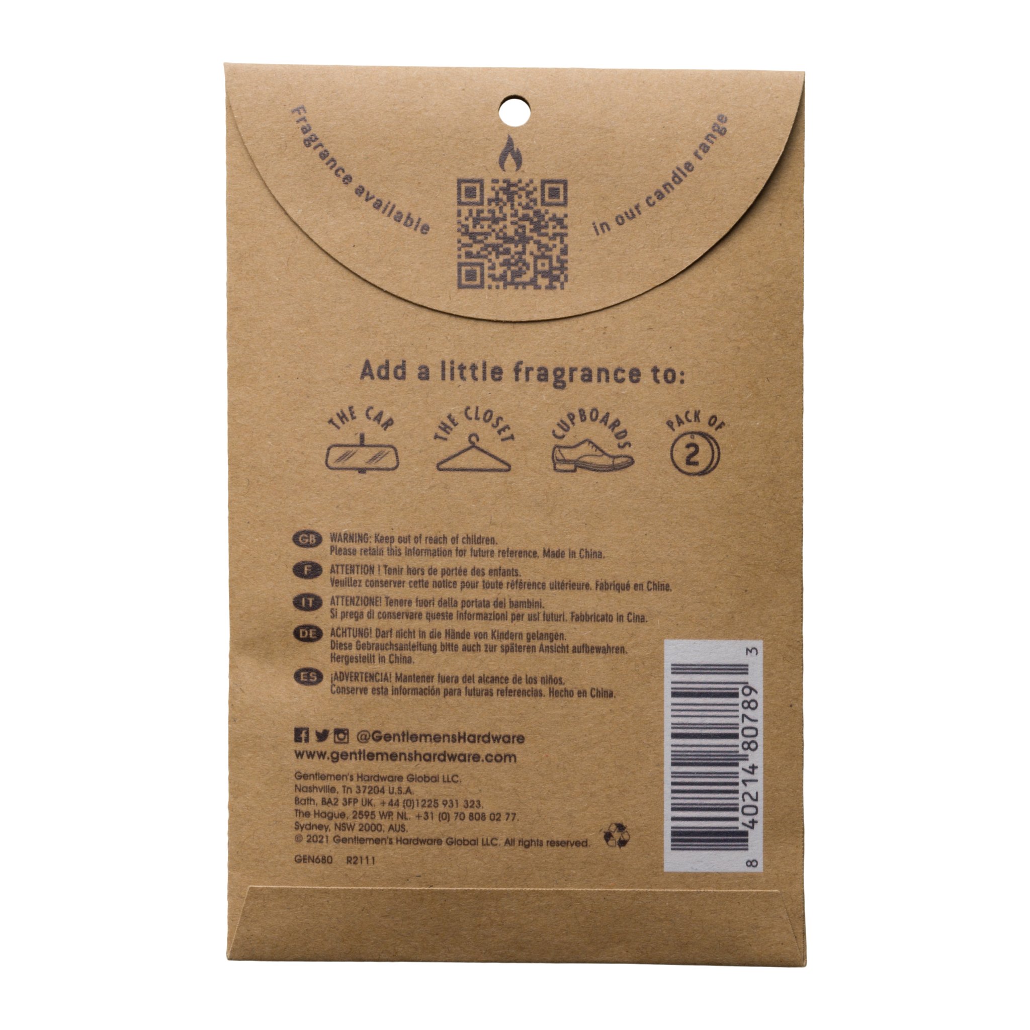 Rückseite der Kraftpapier-Verpackung des Lufterfrischer-Sets mit QR-Code, Piktogrammen, Hinweisen und Strichcode