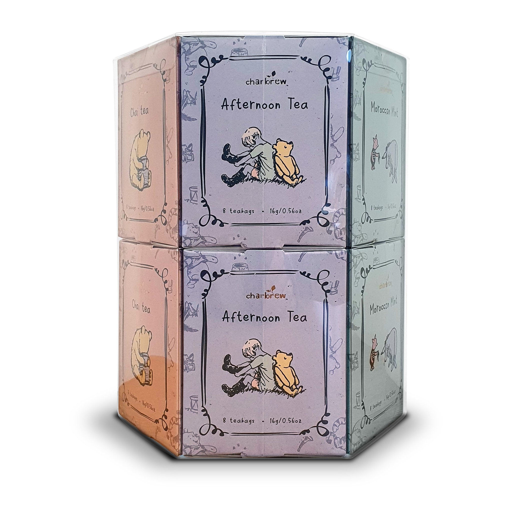 Winnie the Pooh tea gift set from the side with the purple Afternoon Tea boxes