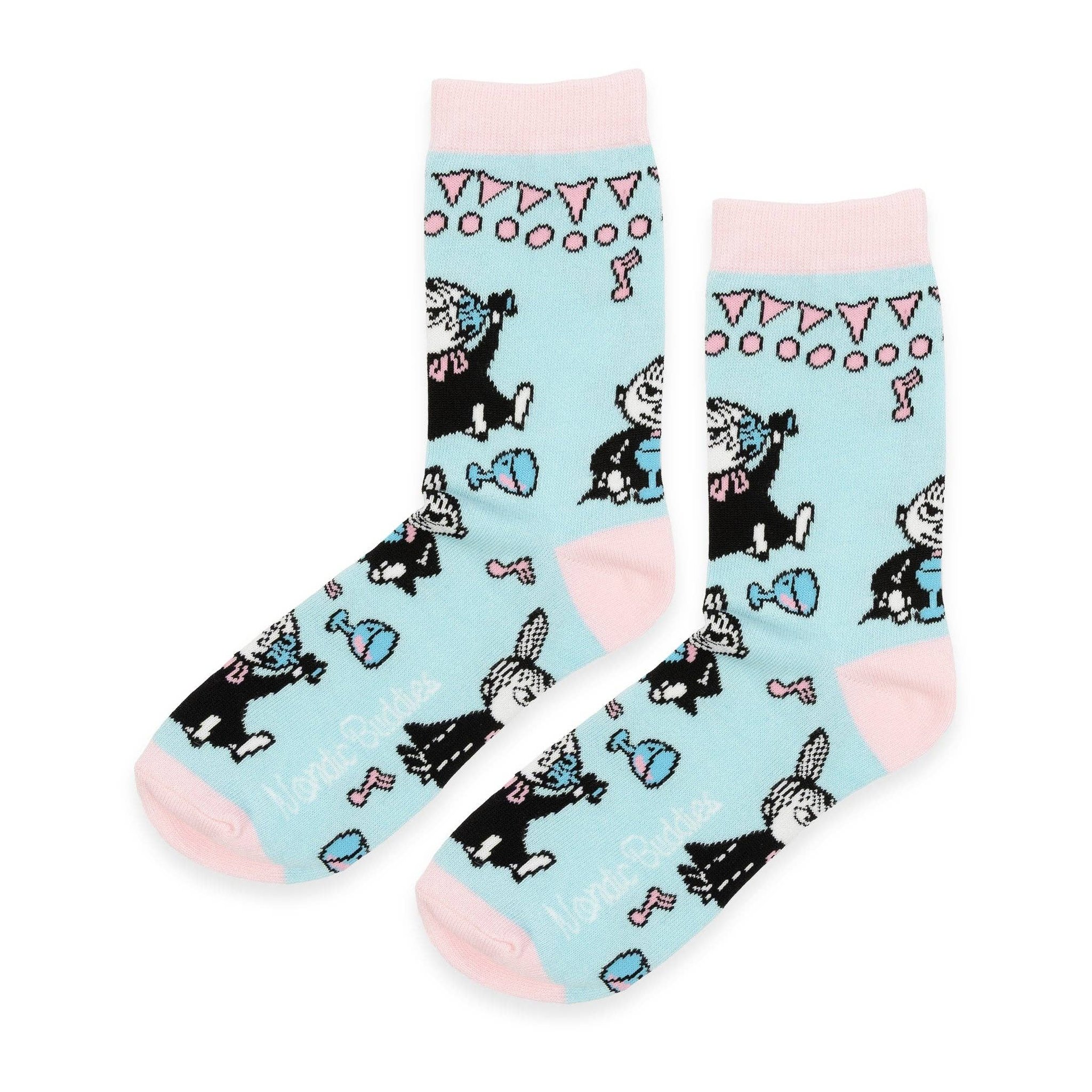 Moomin socks in mint with Little My partying, second pair from the gift box