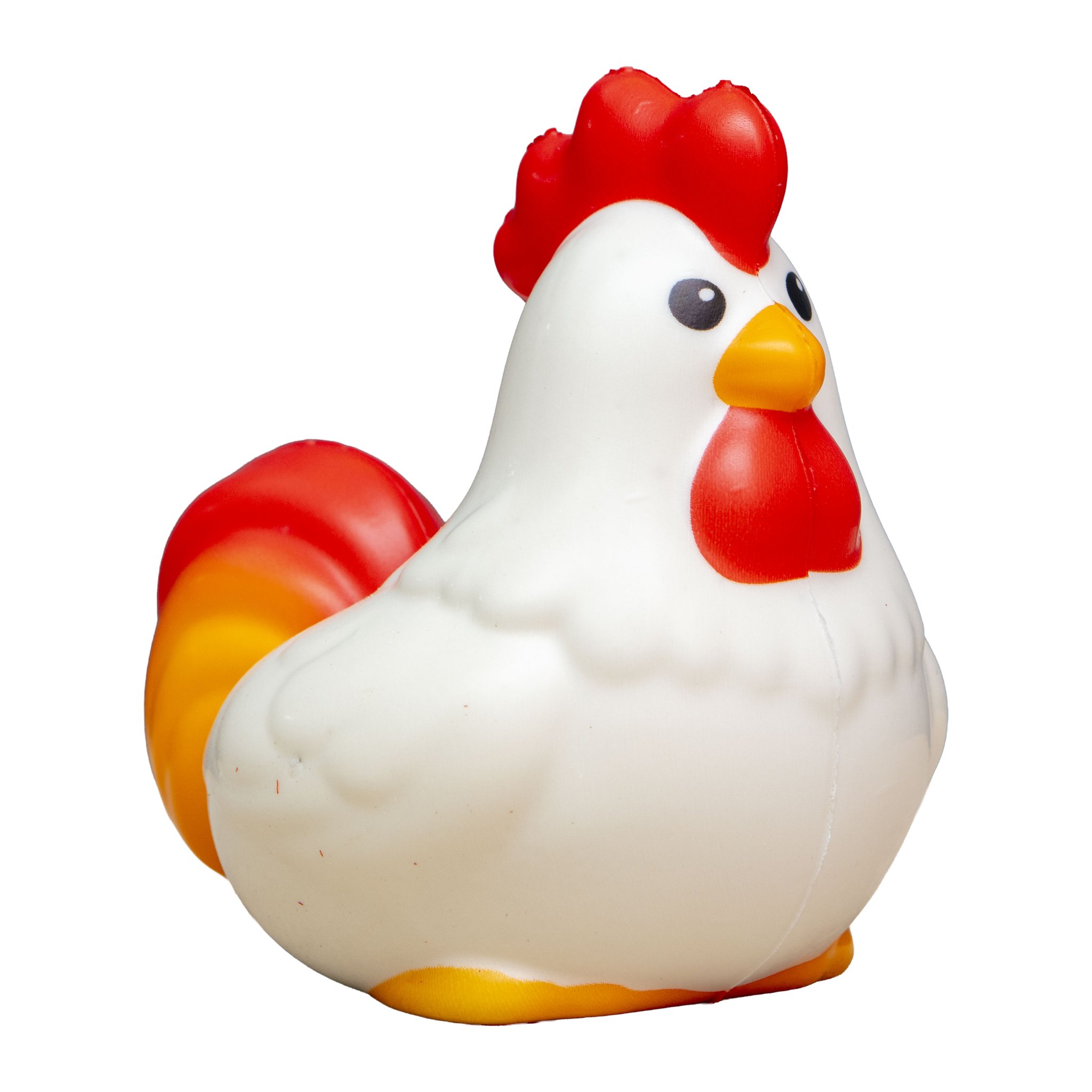 I Love Cock Hahn-Squishy in Weiss mit rotem Kamm und rot-gelben Schwanzfedern, schräg von vorne