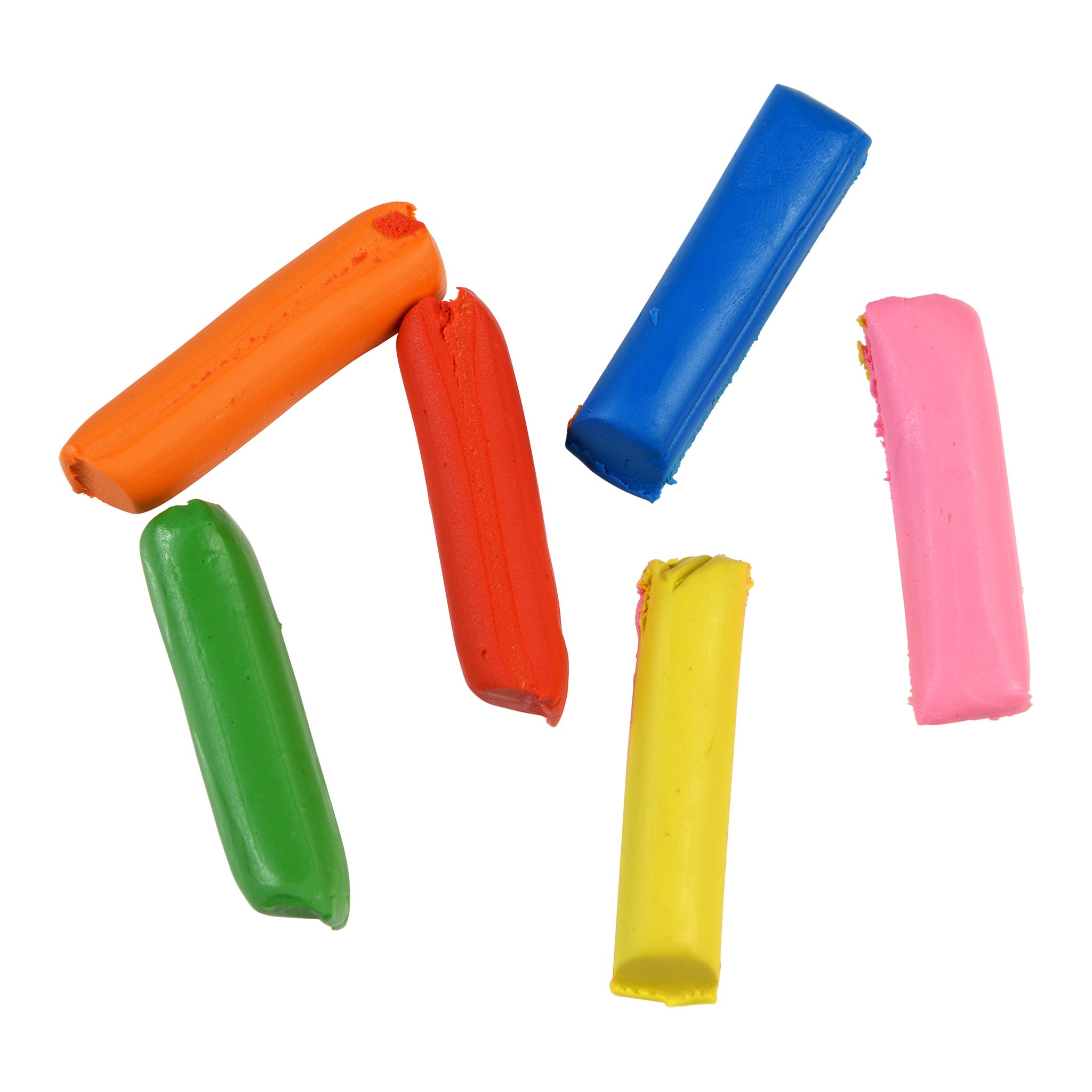 Six clay sticks in orange, red, blue, green, yellow and pink, cut out