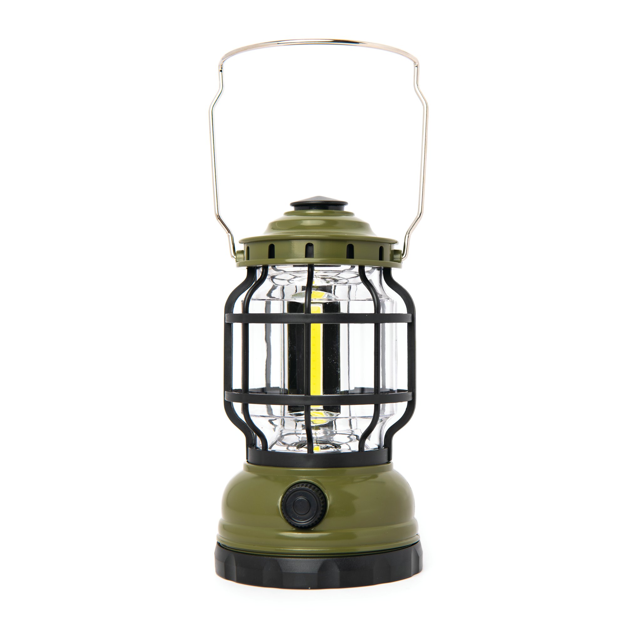Olive green camping lantern with black cage, clear glass, glowing light strip and raised metal handle on white