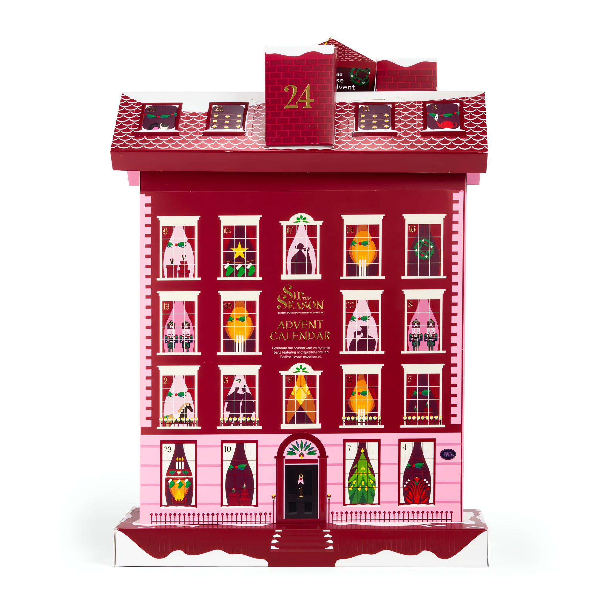 Tee-Adventskalender als rot-rosa Stadthaus mit 24 nummerierten Fenstern