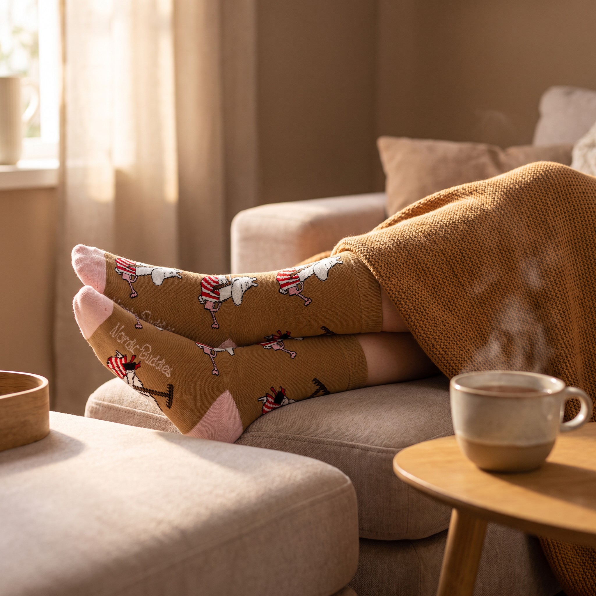Feet resting on a sofa wearing the brown Moomin socks from the gift box