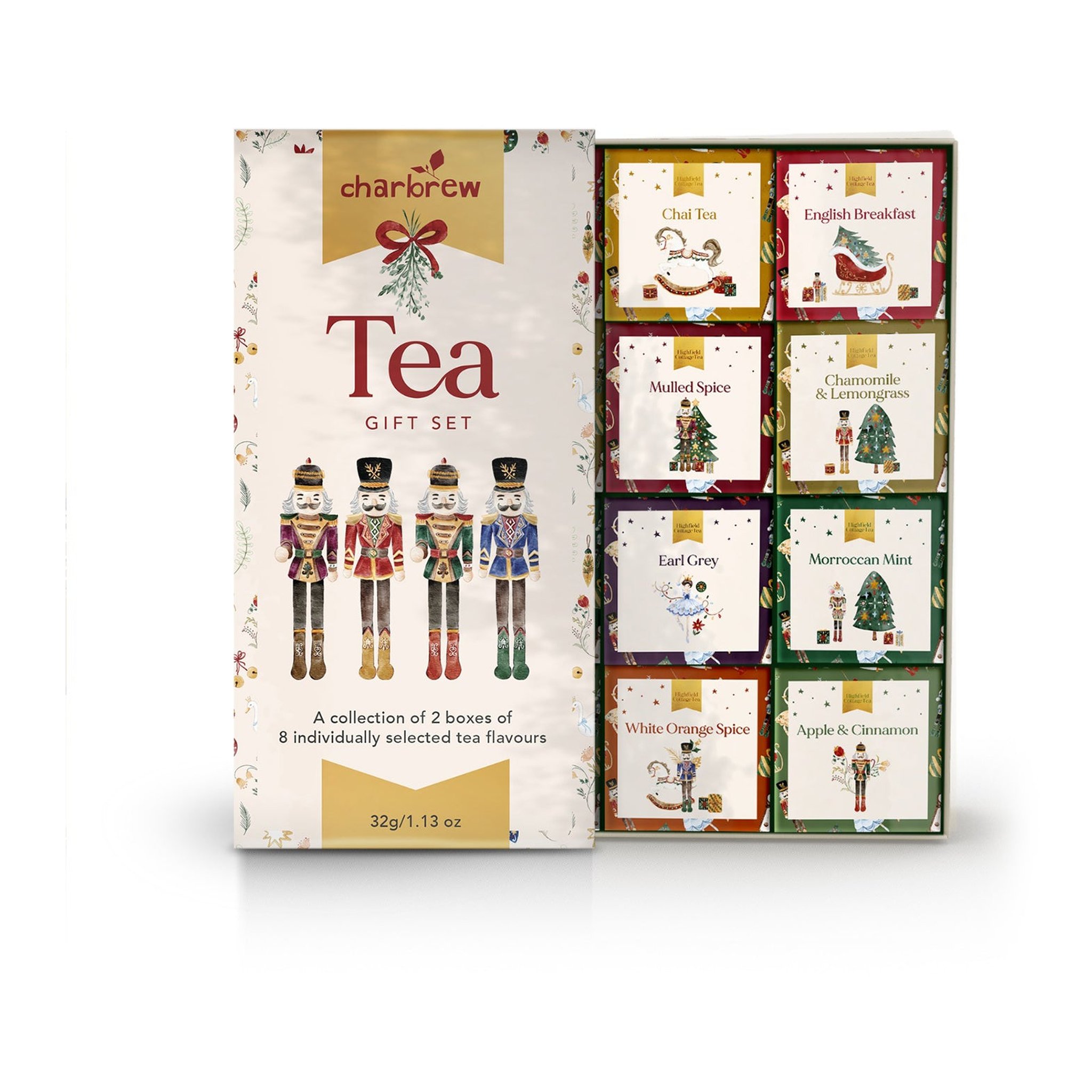 Front of the Nutcracker tea gift set with nutcracker figures and tea compartments
